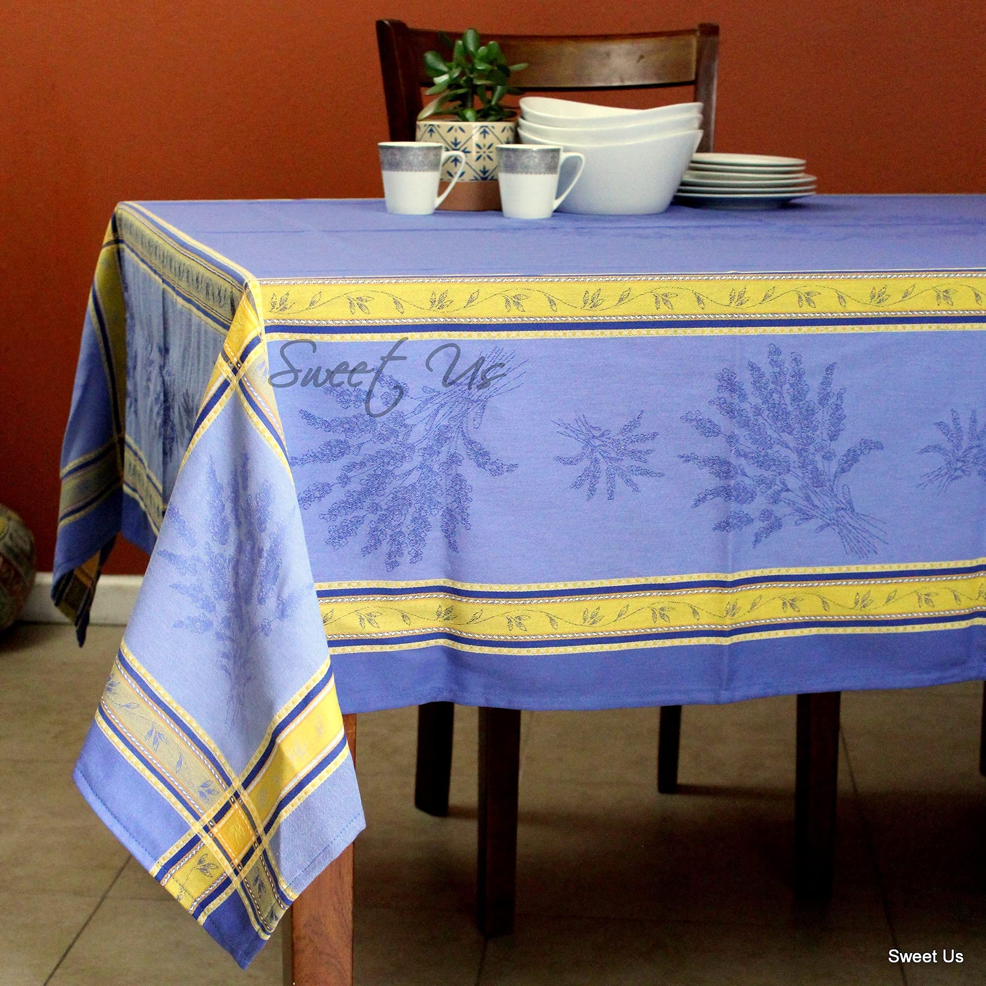 Lavande Mystique Wipeable Spill-Resistant Teflon Coated Tablecloth - Floral Cotton French Provencal Table Cover for Rectangle Tables (63 x 98 Inches) - Indoor & Outdoor Use - Bleu Sérénité - Perfect for Dining Rooms, Patios, and Picnics