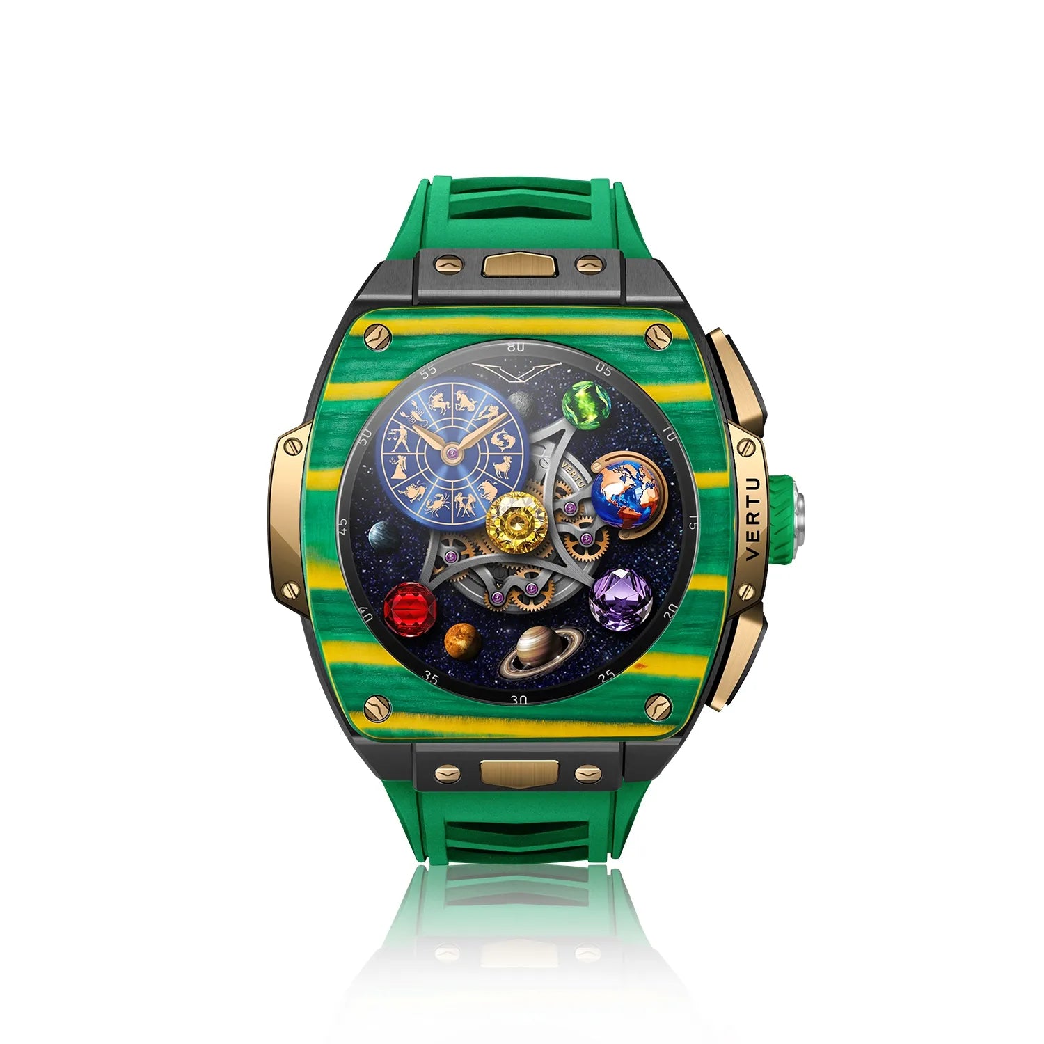 VERTU GRAND Diamonds Smart Watch for Men - Luxury Gold & Yellow Green Carbon Fiber Design | Fitness Tracker, Heart Rate Monitor, Waterproof Smartwatch for Business & Formal Occasions