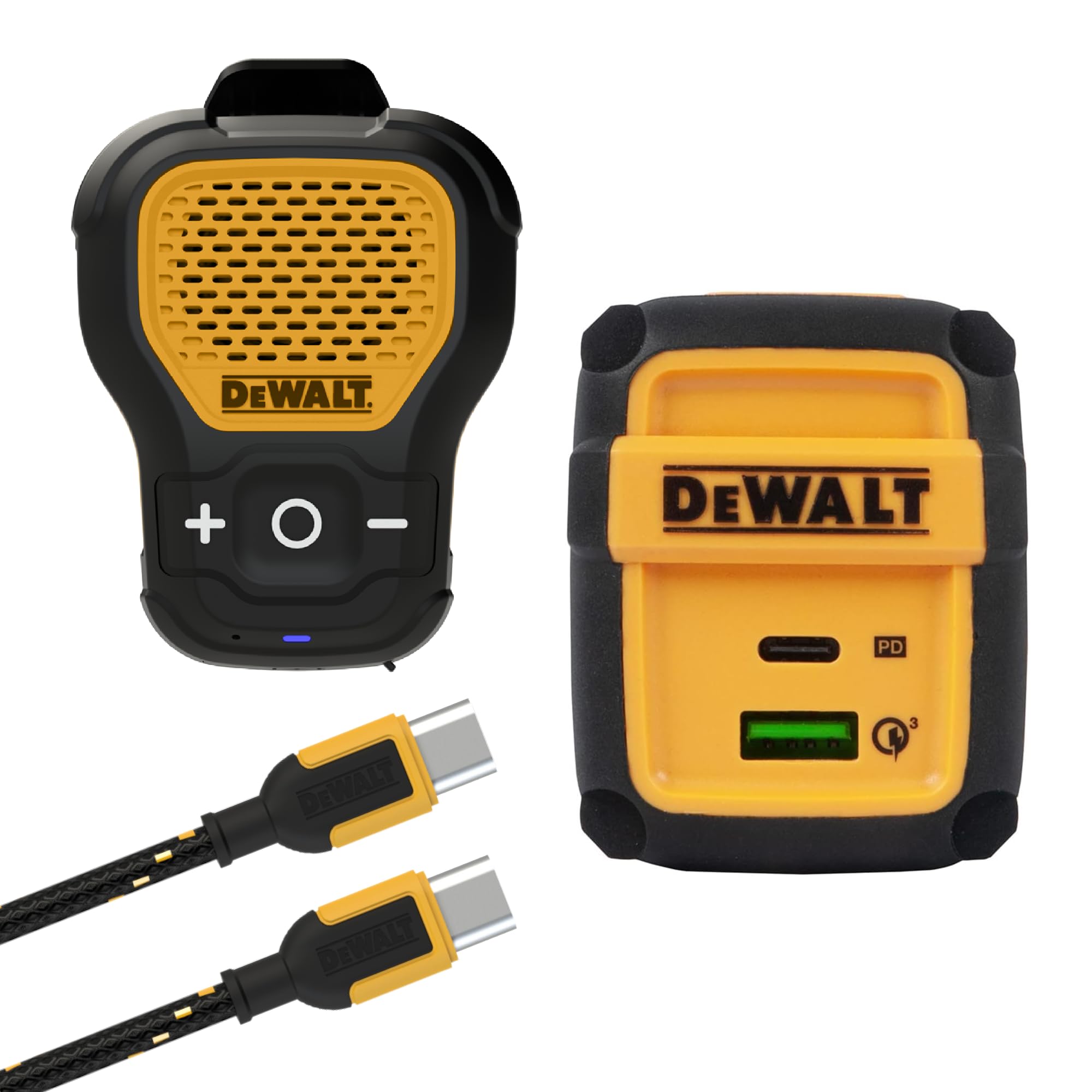 DEWALT Wearable Bluetooth Speaker with USB C to C Charging Cable & 2-Port PD Fast Charger - Perfect for Construction Sites, Outdoor Work & Jobsite Entertainment