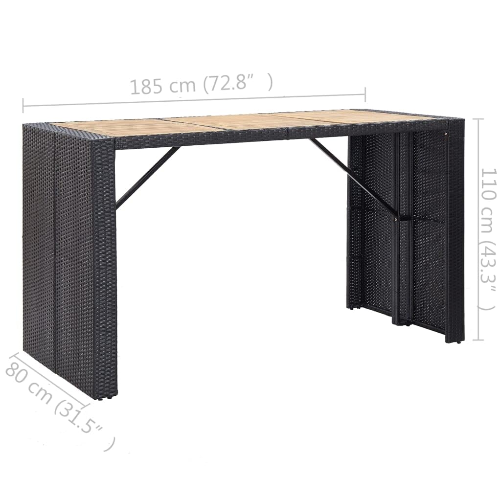 vidaXL 7-Piece Patio Bar Set with Wood Tabletop & Cushions - Black Poly Rattan Outdoor Furniture for Backyard, Poolside, or Garden Entertaining