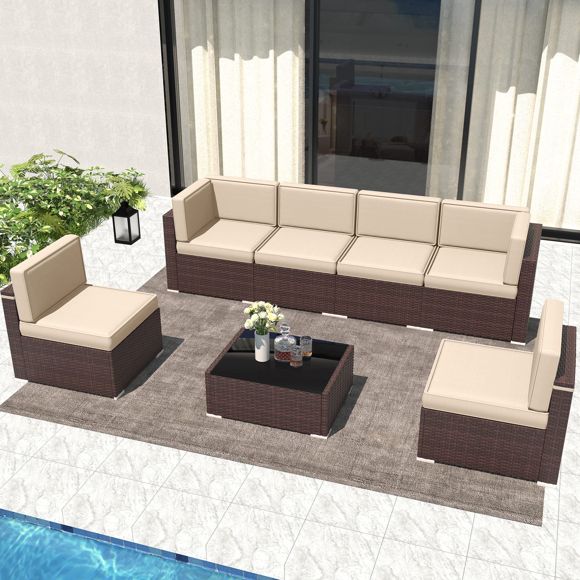 LayinSun 7-Piece Outdoor Patio Furniture Set - Wicker Sectional Conversation Sofa with Coffee Table for Backyard, Garden, Poolside & Deck Relaxation