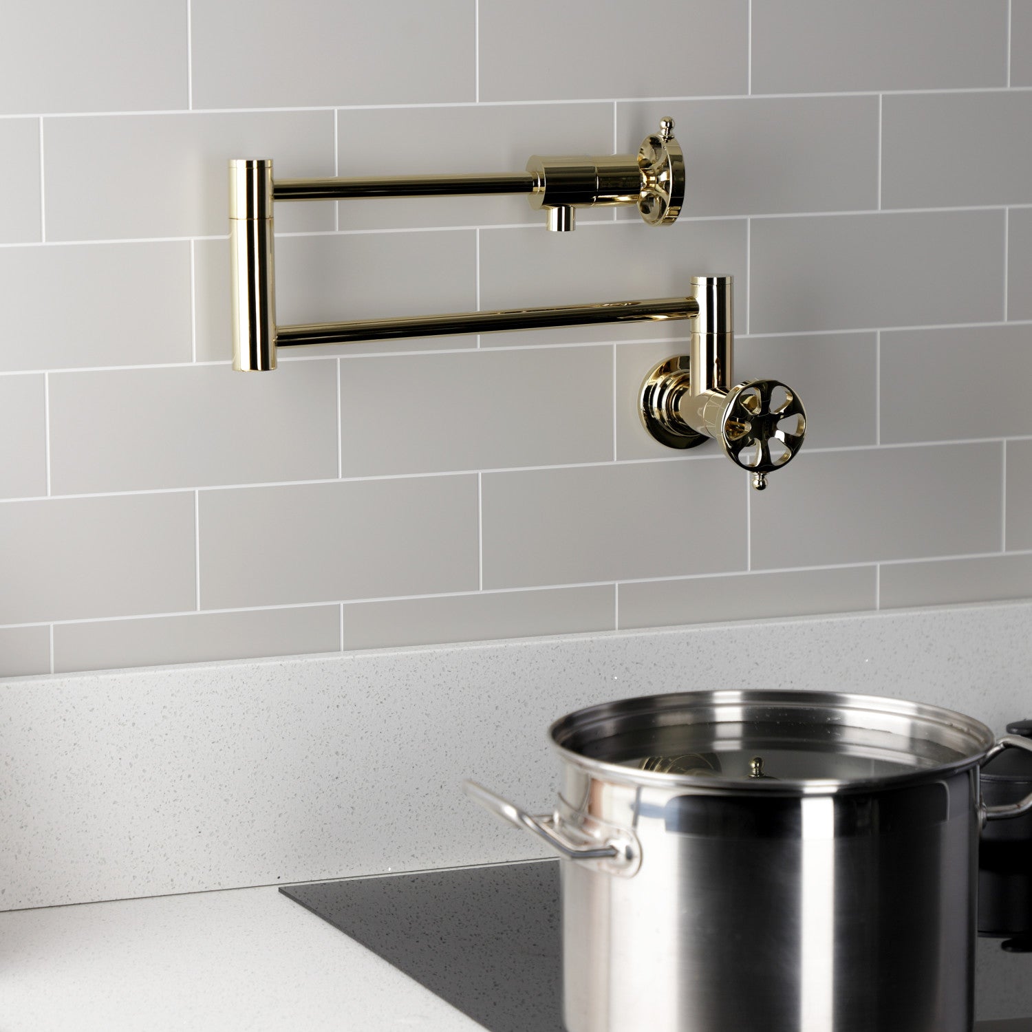 Belknap KS4102RX Two Handle Wall Mount Pot Filler Faucet in Polished Brass - Perfect for Kitchen Sink, Stove Area & Cooking Stations