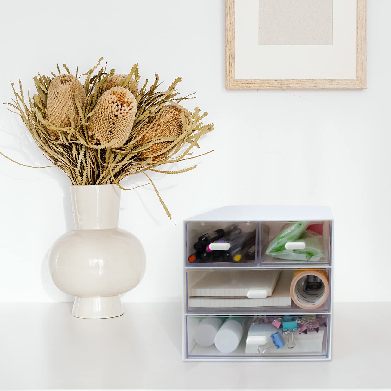 4-Drawer White Plastic Desk Organizer with Storage Box - Office, School & Home Stationery Supplies Organizer for Pens, Paper Clips & Small Accessories - Perfect for Workspace, Study Desk & Craft Room Organization