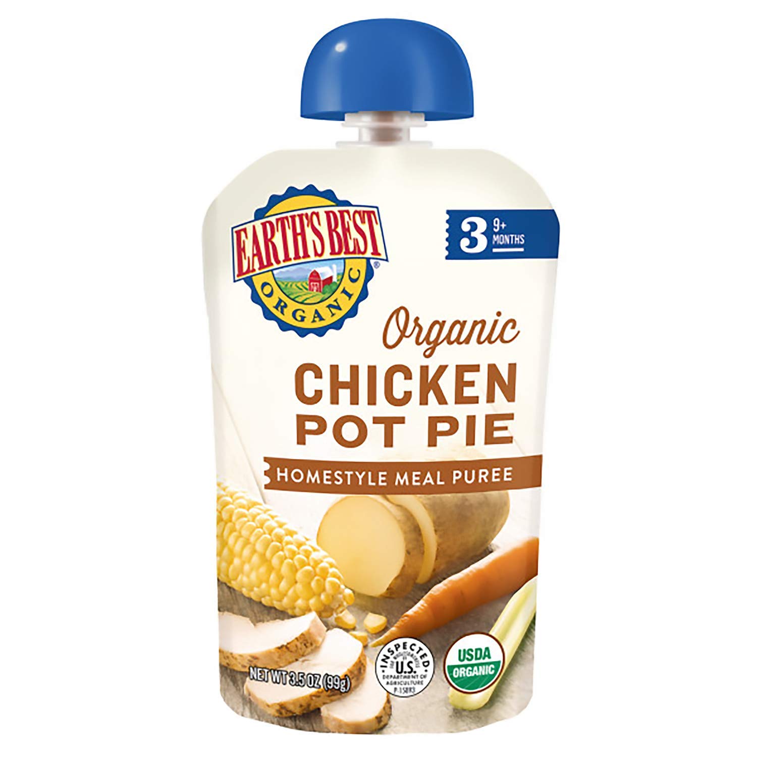 Earth's Best Organic Stage 3 Baby Food Pouches - Homestyle Chicken Pot Pie Puree for Toddlers 2+ Years | 3.5oz Resealable Pouch | USDA Certified Organic | Perfect for On-the-Go Meals & Snacks