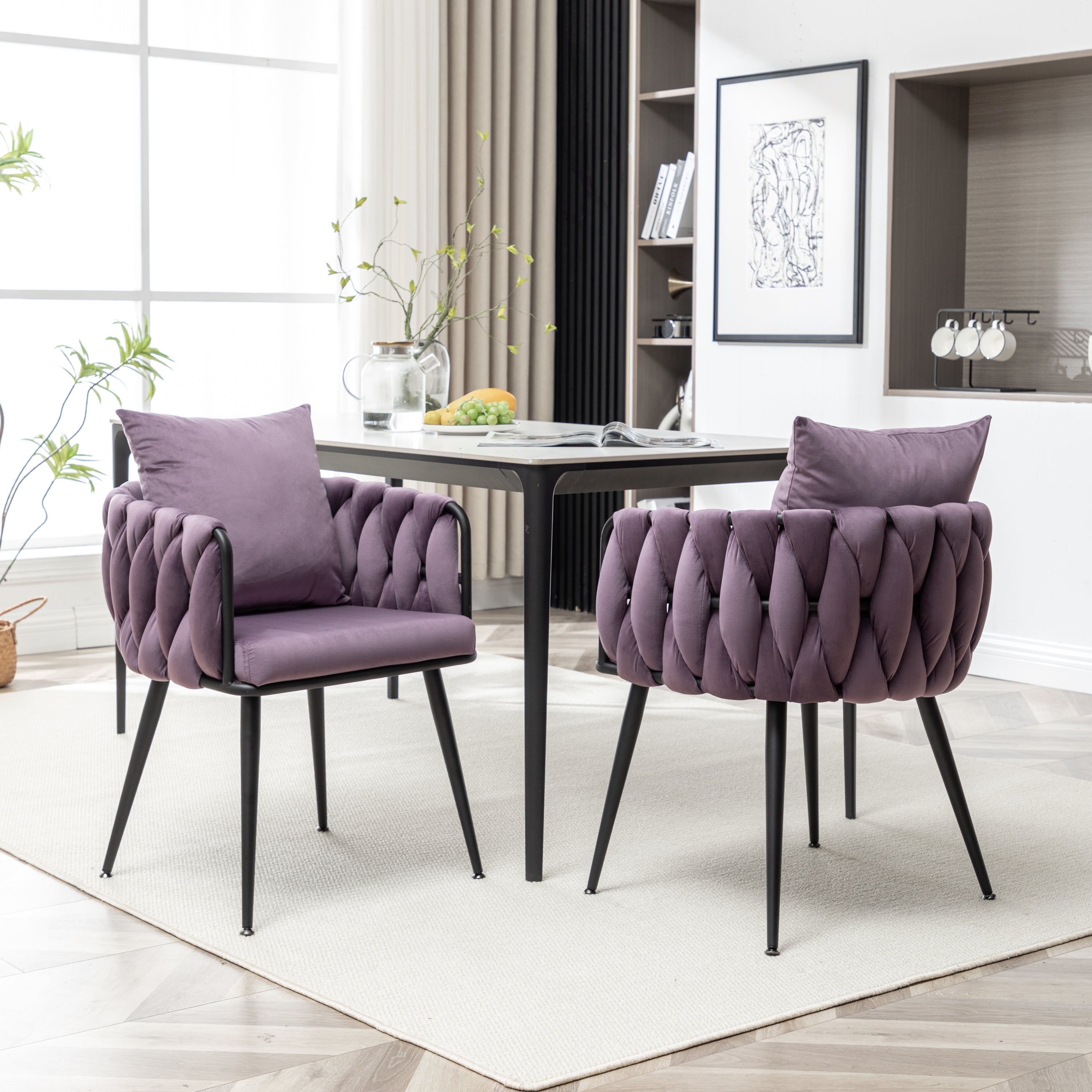 Dark Purple Velvet Dining Chairs Set of 2 - Modern Hand-Woven Upholstered Accent Chairs with Black Metal Legs for Living Room, Kitchen, Dining Room & Vanity - Perfect for Entertaining, Relaxing & Home Decor