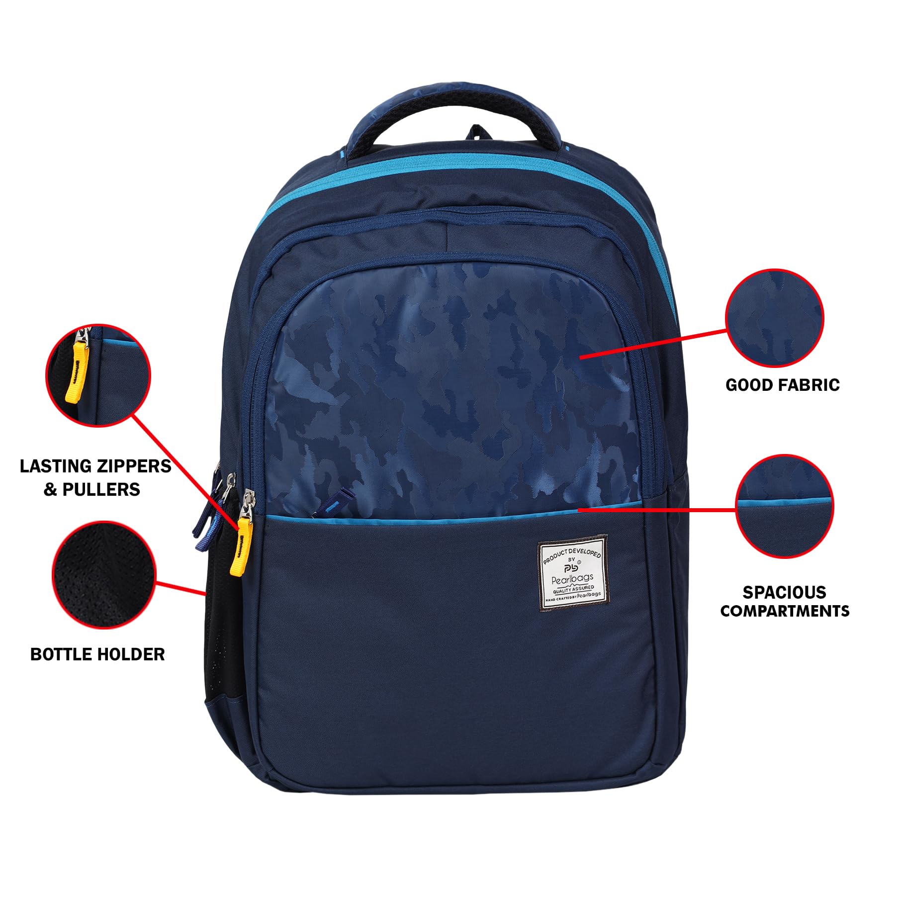 PB Pearl Bags 3-Compartment Polyester Blue Unisex Backpack - Lightweight Travel Backpack for School, Work & Outdoor Adventures