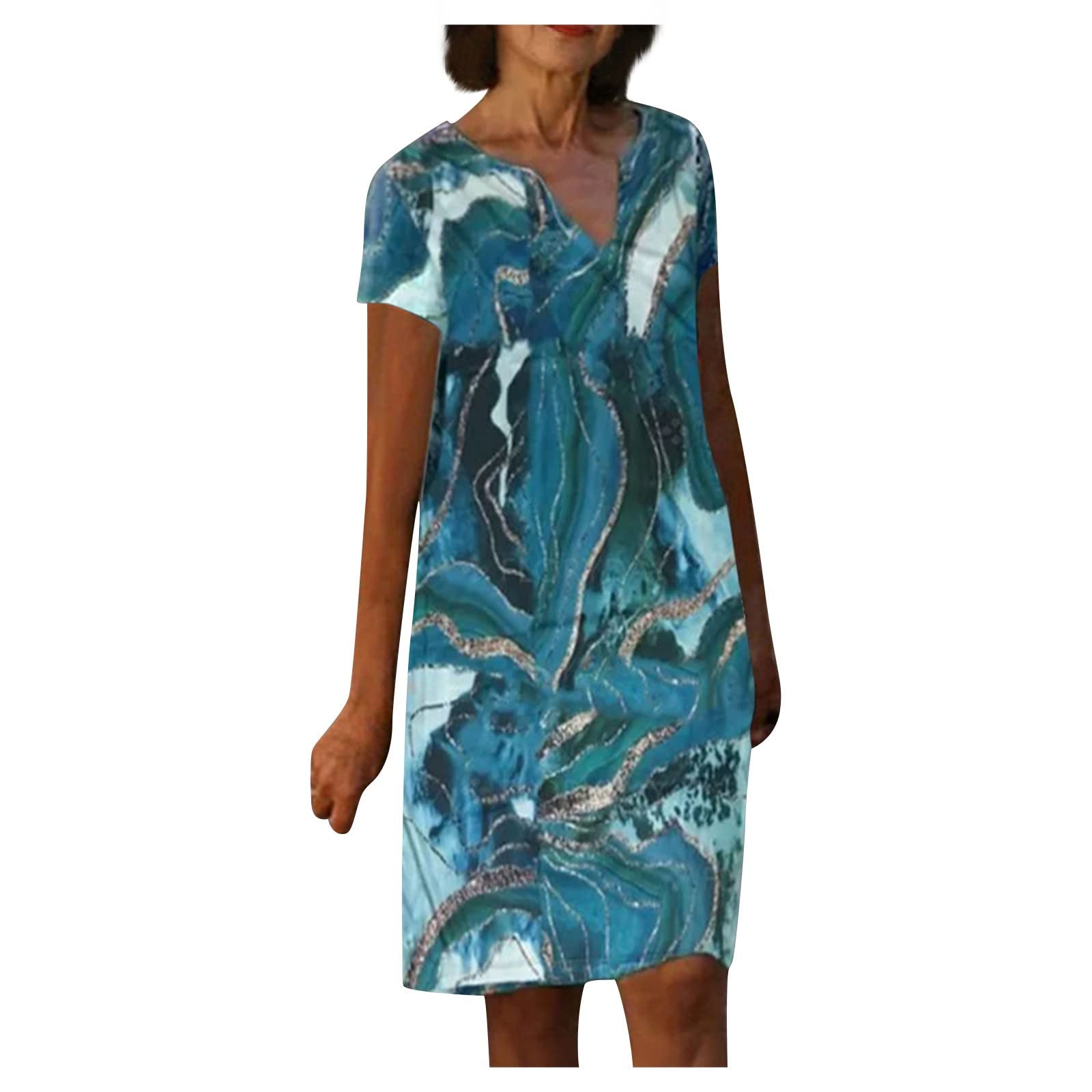 Women's Floral Print V-Neck Short Sleeve Summer Dress - Knee Length Casual Loose Sun Dress for Beach, Vacation & Outdoor Activities