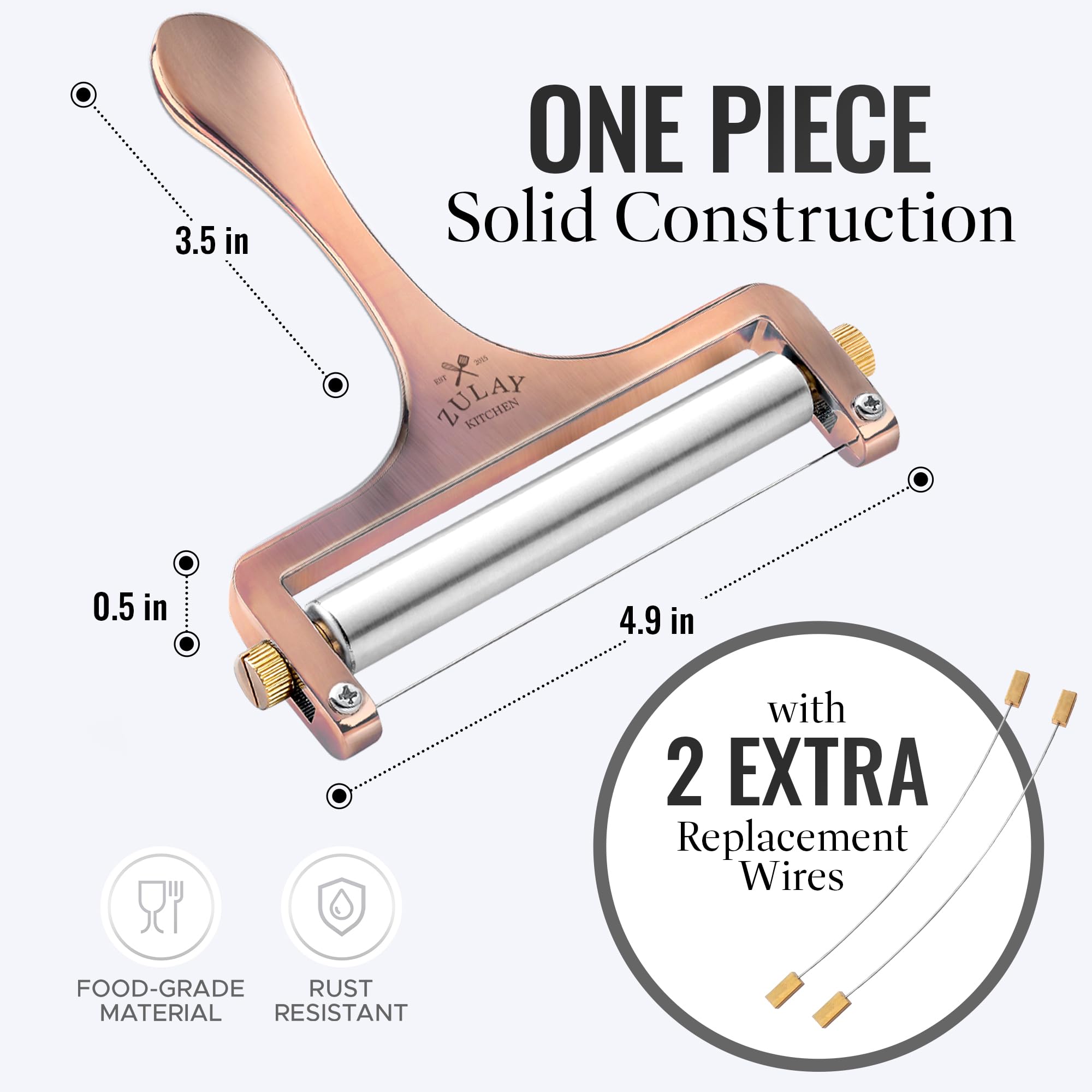 Zulay Adjustable Thickness Cheese Slicer - Heavy Duty Wire Cheese Cutter for Mozzarella, Cheddar, Gouda & Block Cheese - Includes 2 Extra Copper Wires - Perfect for Kitchen, Deli, Party Platters & Charcuterie Boards