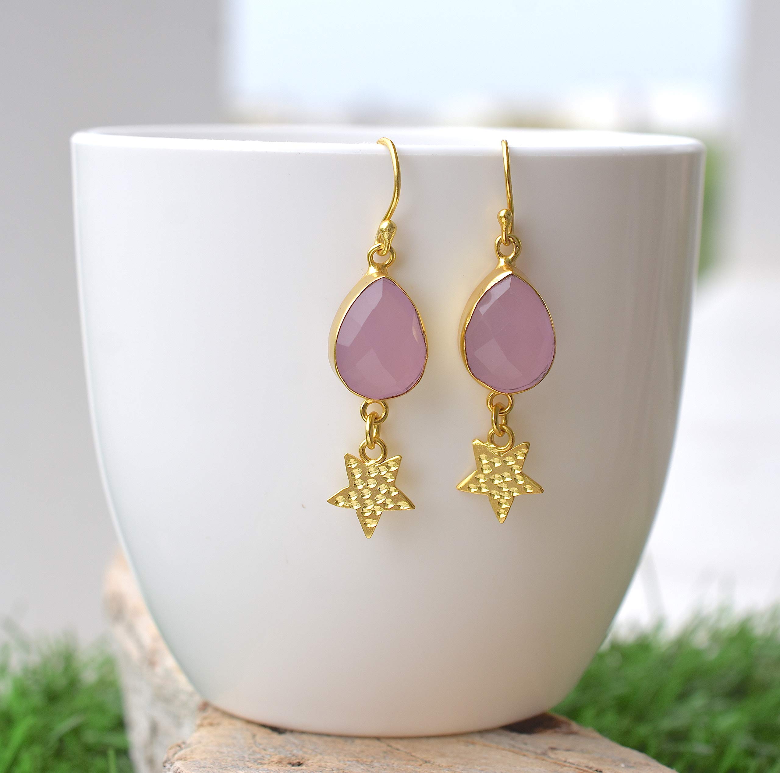 Handmade Pink Rose Quartz Earrings - Star & Teardrop Bridesmaid Jewelry Gift for Women, Girls & Moms | VE-085 | Perfect for Weddings, Anniversaries & Special Occasions