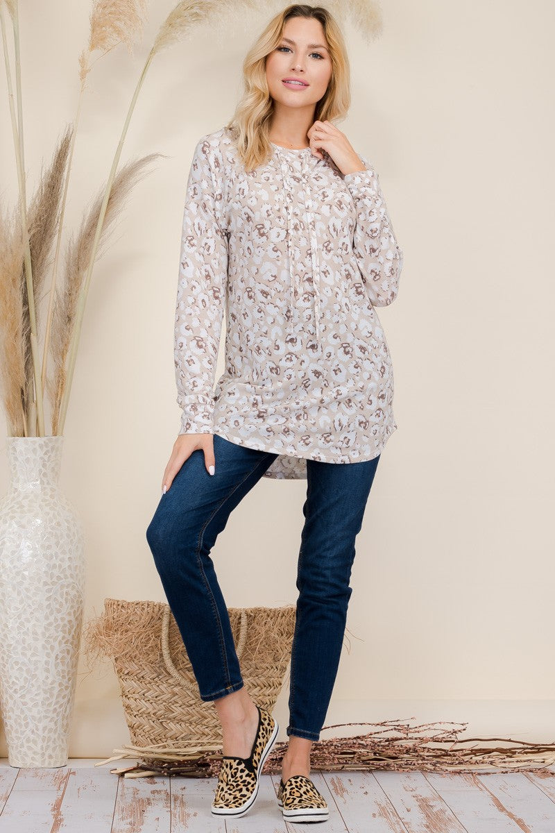 Celeste Women's Full Size Long Sleeve Hooded Blouse with Drawstring - Leopard Print Fashion Top for Casual Wear, Office Outfits & Date Nights