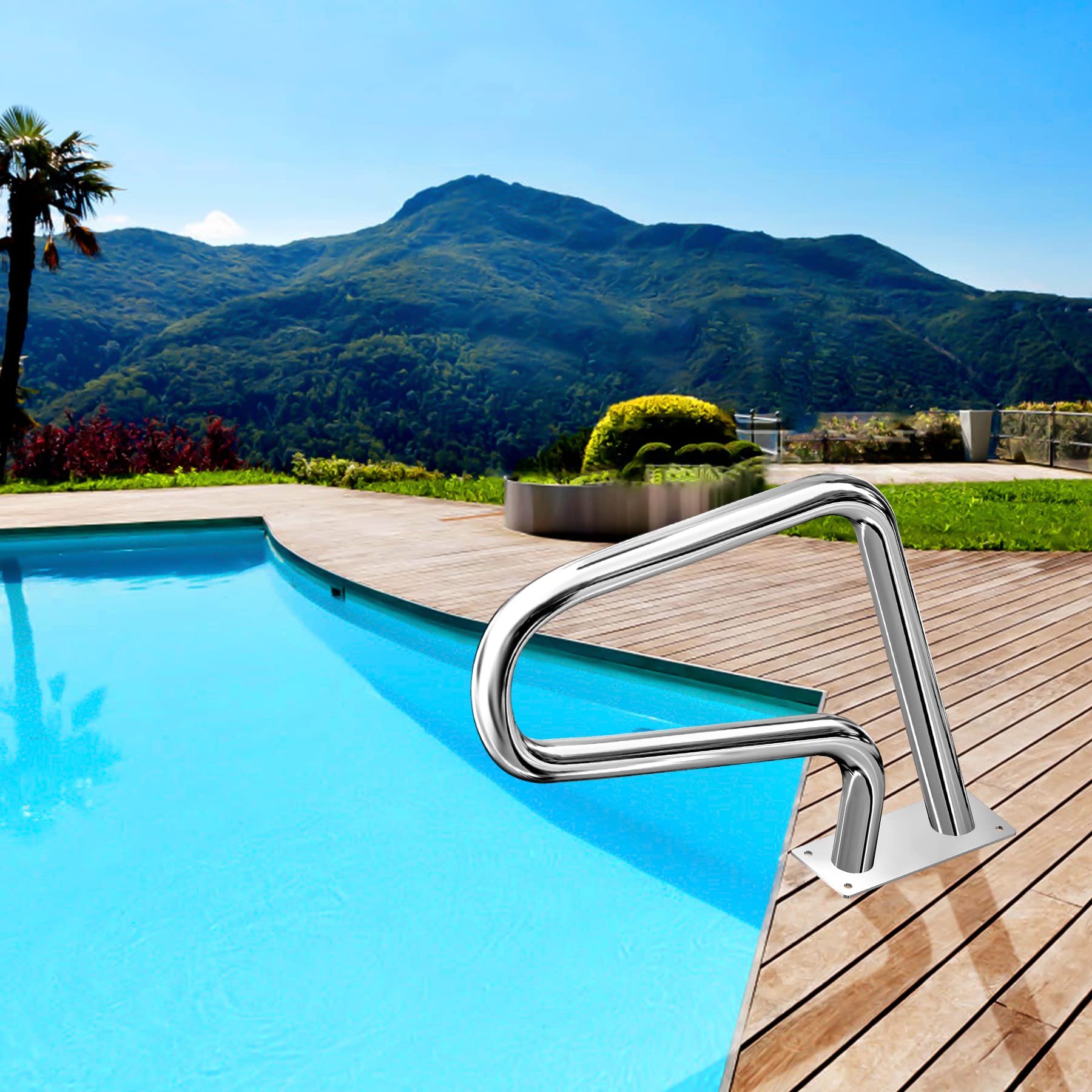304 Stainless Steel Pool Handrails 32x23 - Rustproof Swimming Pool Safety Railing with Blue Grip Cover, Quick Mount Base Plate & Accessories - Perfect for Inground & Above Ground Pools, Backyard Safety & Easy Pool Entry/Exit