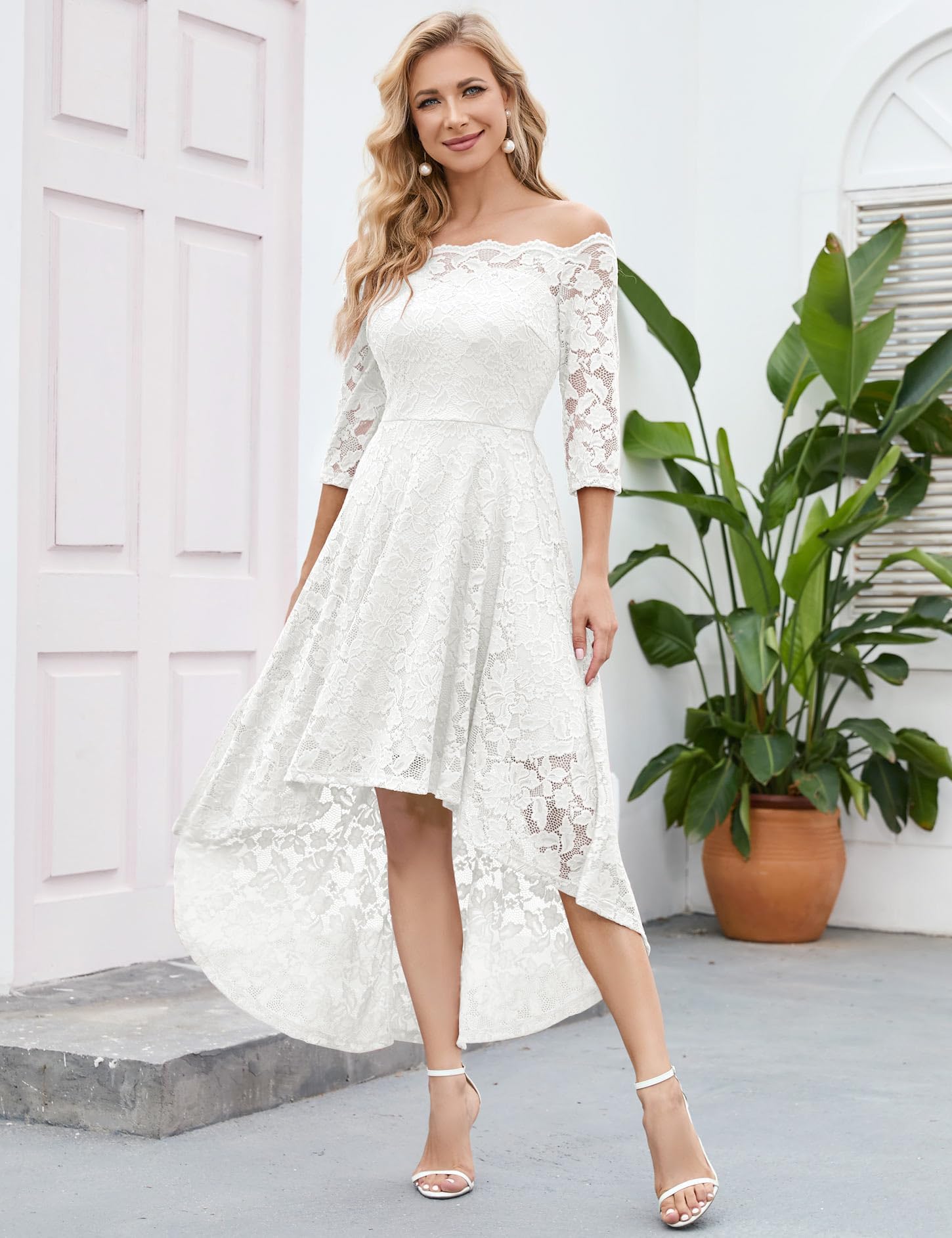 MUADRESS Women's Floral Lace Bridesmaid Party Dress - High Low Hem V-Neck Formal Wedding Guest Dress for Cocktail Parties, Evening Events & Special Occasions