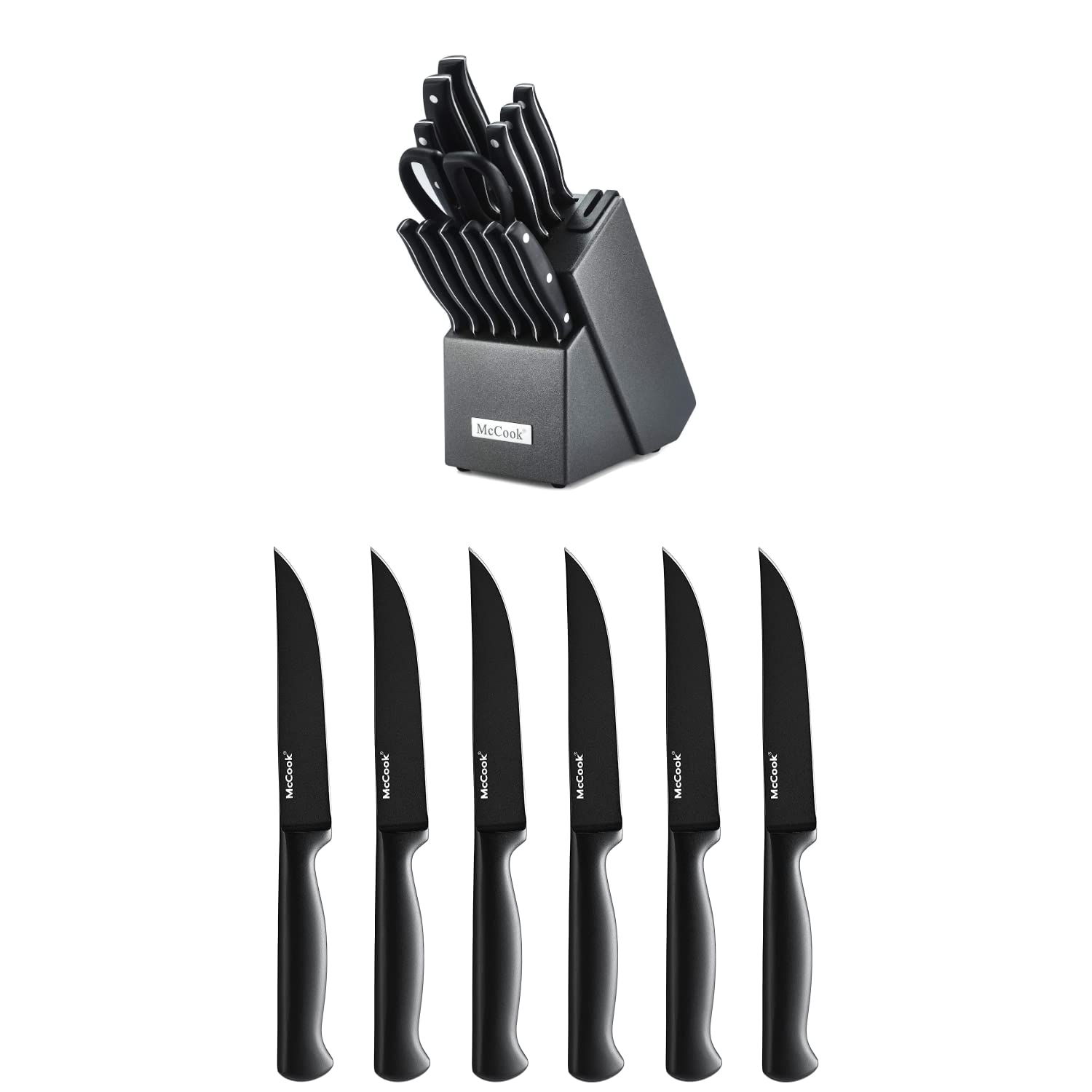 McCook MC39 Full Tang Triple Rivet Kitchen Knife Block Set with Built-in Sharpener & MC59B 6-Piece Steak Knives Set - Professional Chef Knives for Cooking, Slicing, Dicing - Perfect for Home Kitchens, Restaurants, BBQ Parties
