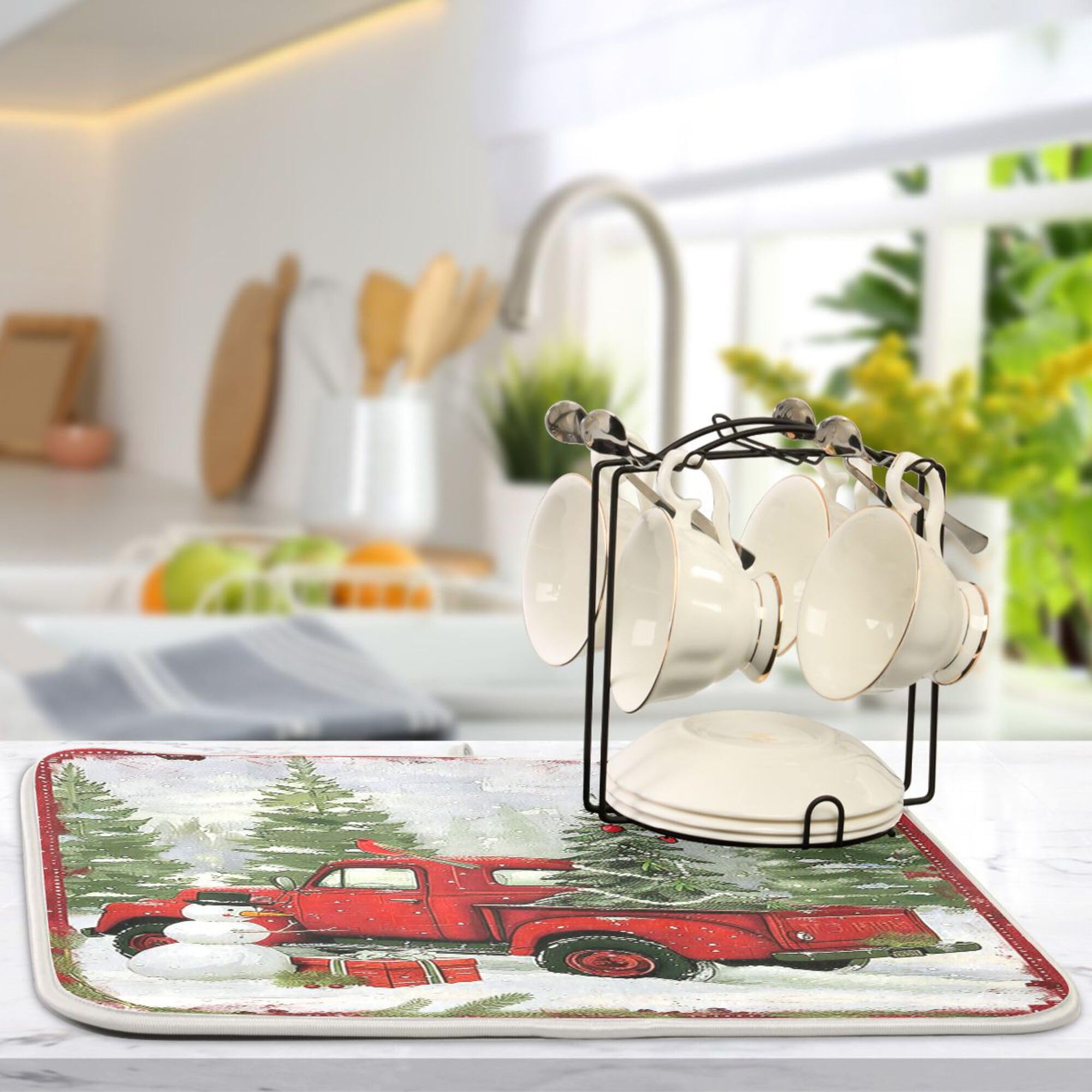 Christmas Red Truck Snowman Dish Drying Mat 16x18 Inch - Absorbent Fast Dry Kitchen Accessories for Winter, Xmas Tree & Snowflake Decor | Perfect for Holiday Dish Drainer Rack, Cardinal Bird Themed Kitchens & Festive Entertaining
