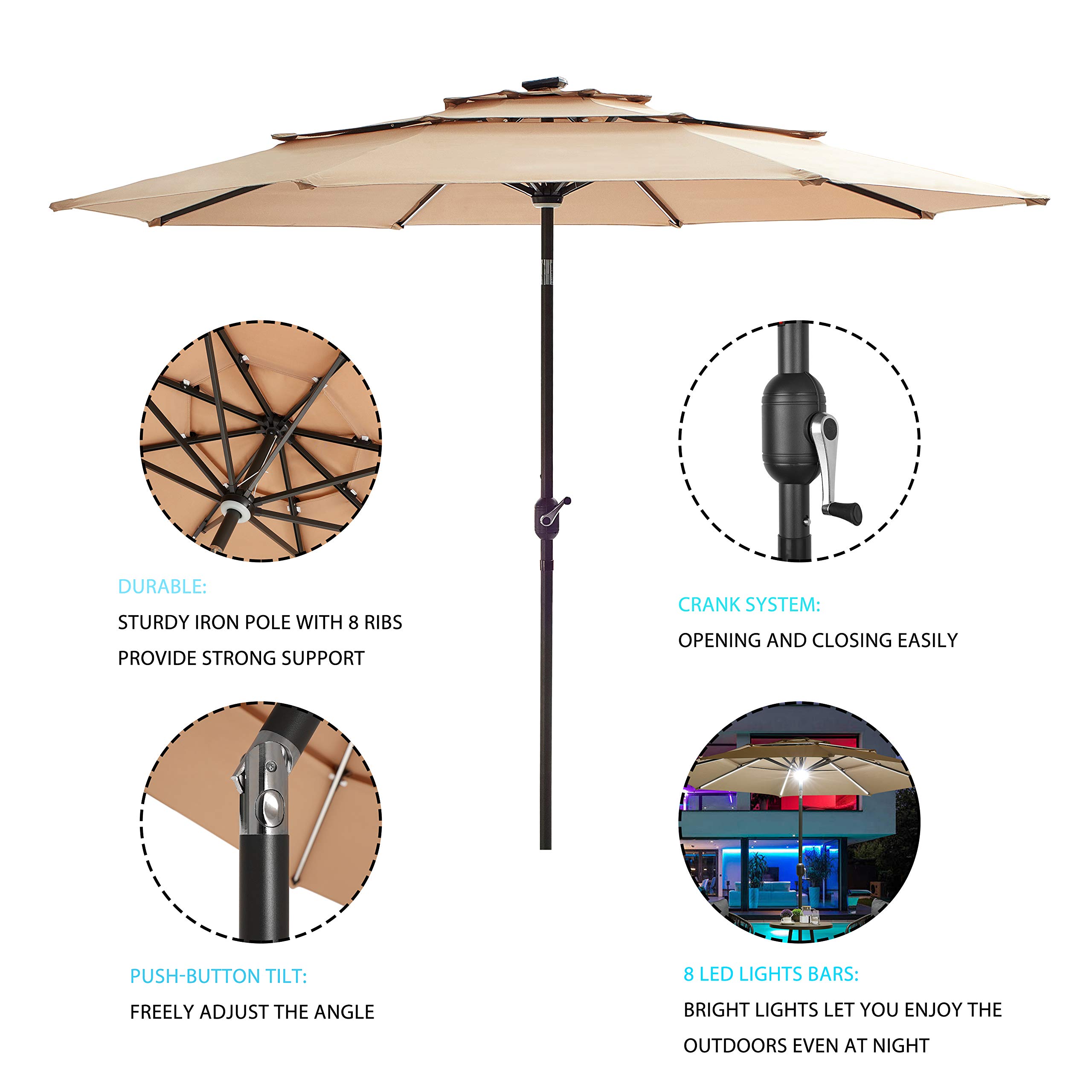 LOKATSE HOME 9.5 Foot Solar Powered LED Patio Umbrella with 3-Tier Design - Adjustable Tilt, 8 Aluminum Ribs, Crank Handle & Sturdy Metal Pole for Outdoor Garden, Deck, Poolside & Farmers Market (Khaki) | Perfect for Backyard BBQs, Beach Lounging & Outdoor Dining
