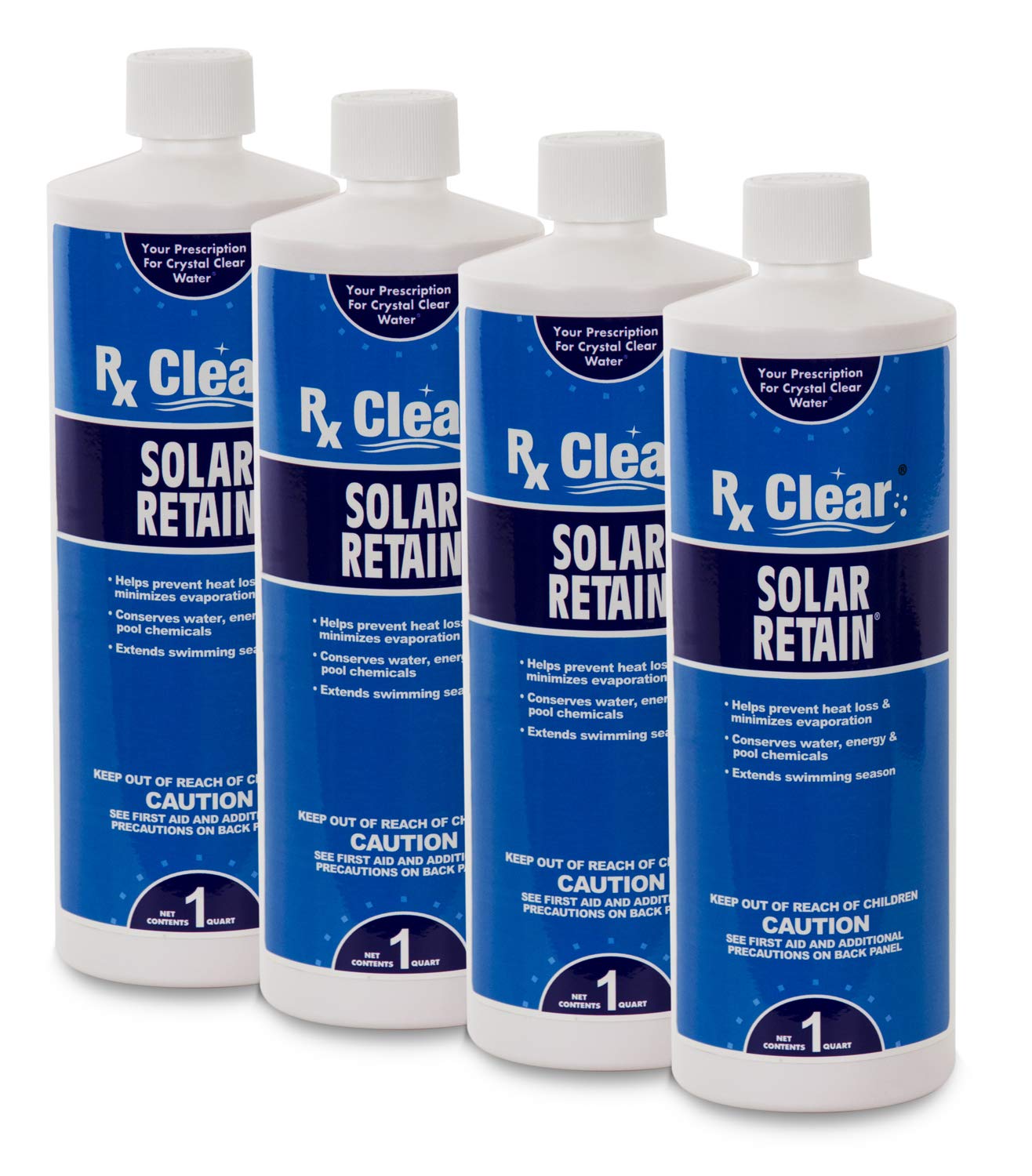 Rx Clear Solar Retain Liquid Pool Cover - Reduces Water Evaporation, Heat & Chemical Loss in Swimming Pools | Eco-Friendly Solar Blanket Alternative | 1 Quart Bottles (4-Pack) | Perfect for Inground & Above Ground Pools, Spas & Hot Tubs