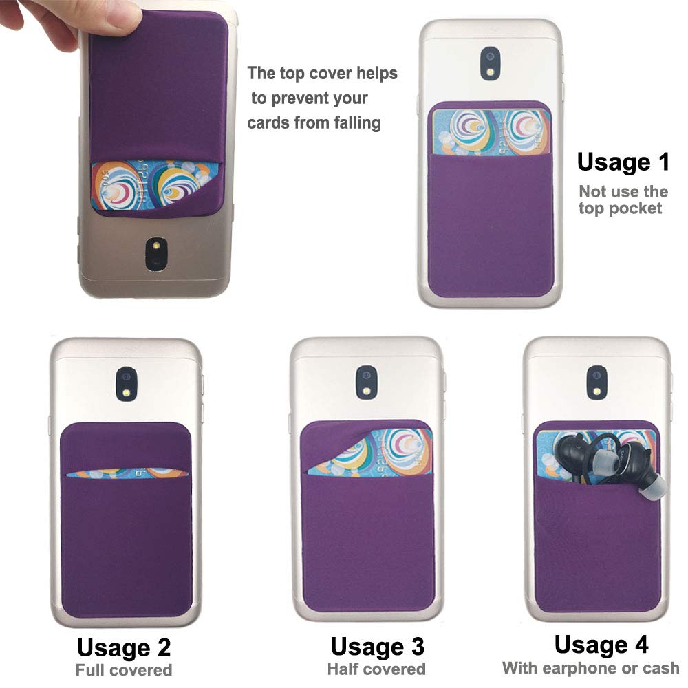 3Pack Sticky Phone Card Holder - Double Pocket Wallet Sticker for ID, Credit Cards & Cash - Stretchy Adhesive Back for All Smartphones (Purple, Silver, Black) | Perfect for Travel, Shopping & Daily Commute