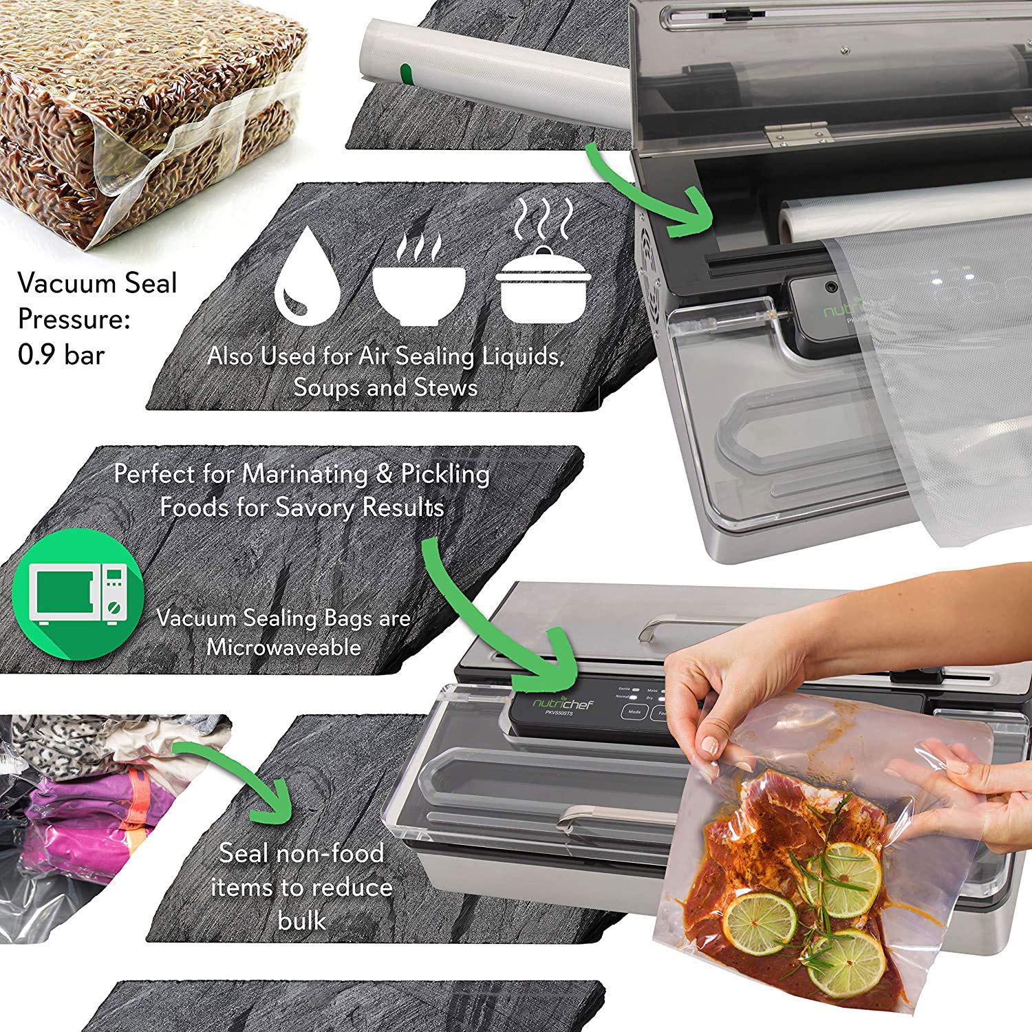 NutriChef PKVS50STS 400W Commercial Vacuum Sealer Machine - Automatic Double Piston Pump for Meat, Sous Vide & Food Preservation | Includes Dry/Wet Seal & Vacuum Roll Bags | Extra Large Silver Design | Perfect for Home Kitchens, Restaurants & Meal Prep Businesses