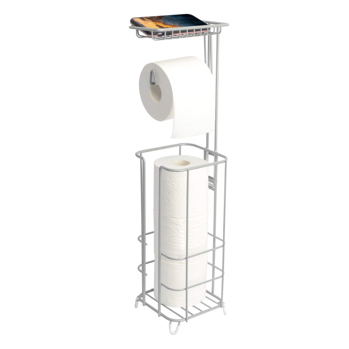 Freestanding Toilet Paper Holder Stand with Shelf - Bathroom Tissue Roll Dispenser for Phones | Anti-Slip Design, Silver | Perfect for Small Bathrooms, Apartments & RVs
