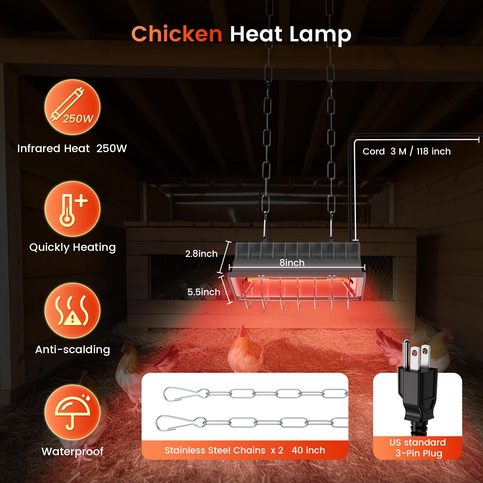250W Brooder Heater for 30 Chicks - Adjustable Height Chicken Coop Heating Lamp with 7.86ft UL Certified Cord - Safe & Durable Heat Plate for Poultry, Ducklings & Small Animals - Perfect for Indoor Brooding, Winter Warming & Livestock Supplies