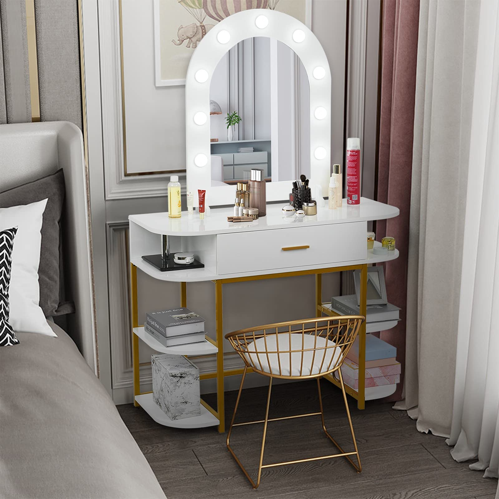 Lighted Vanity Table Set with Mirror - 9-LED Makeup Dressing Table with Drawer & 6 Shelves, Gold Vanity Desk for Women & Girls (Black) - Perfect for Bedroom, Salon & Bridal Makeup Station
