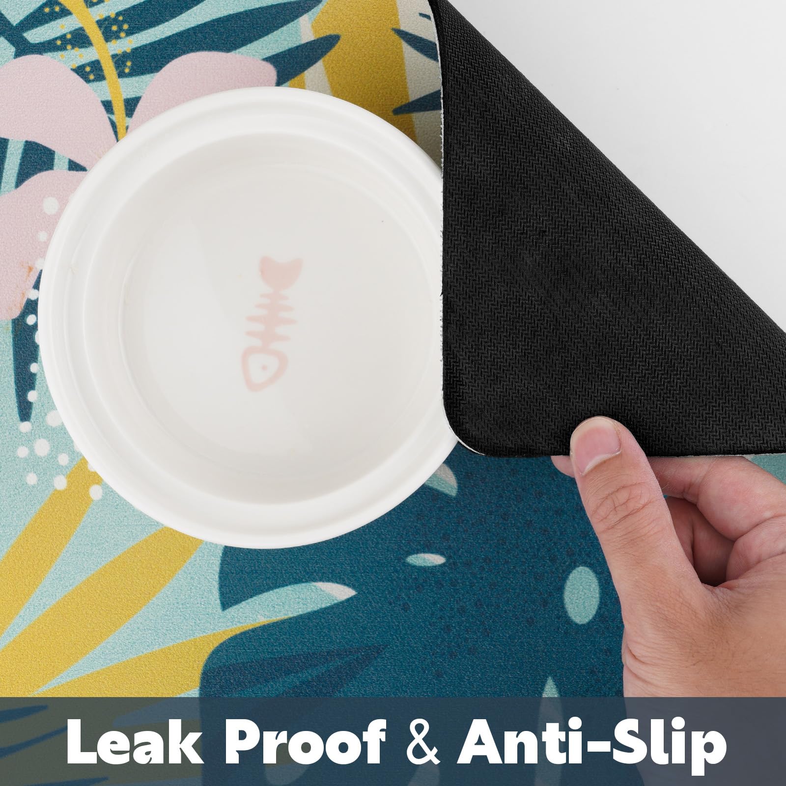 Quick Absorbent Pet Food Mat for Cats and Dogs - Non-Slip Waterproof Feeding Mat, Easy to Clean & Stain Resistant - 12x19 Inches Green Leaf Design - Perfect for Indoor Use Under Food Bowls