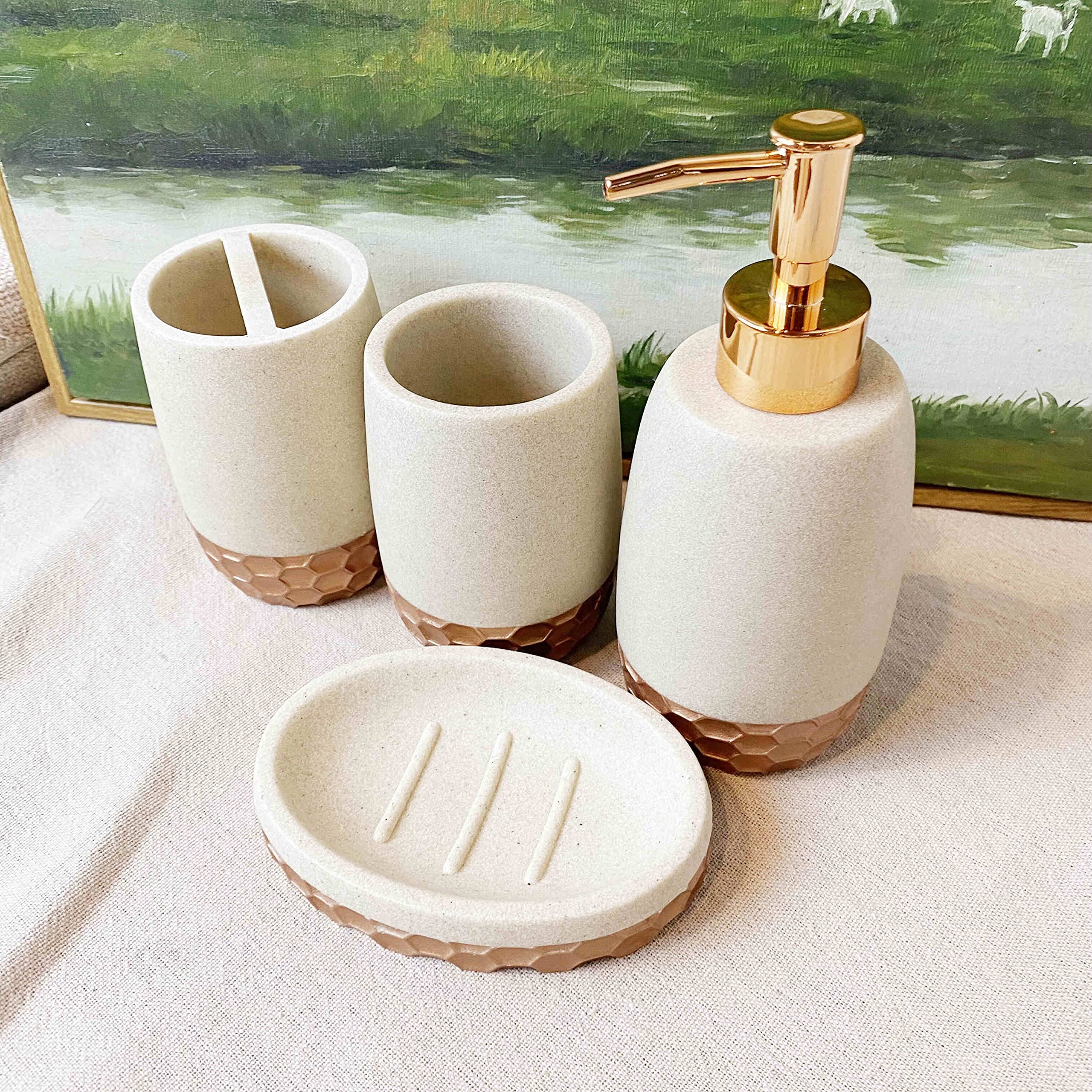 Honeycomb Bathroom Accessory Set - 4 Piece Vanity Organizer with Soap Dispenser, Toothbrush Holder, Toothbrush Cup & Soap Dish | Modern Bathroom Decor for Countertop Organization
