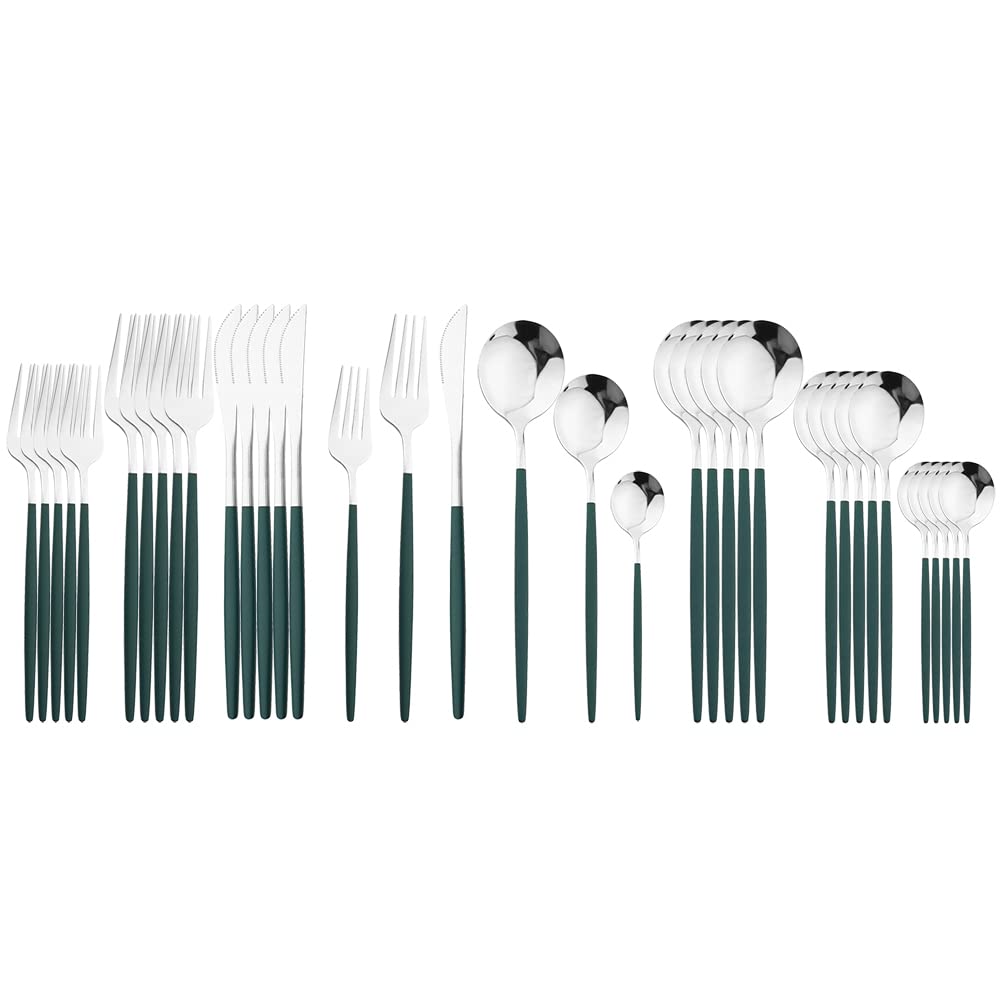 36-Piece Stainless Steel Silverware Flatware Set - Knife, Fork, Spoon & Teaspoon for Dinner, Dessert & Kitchen Use - Durable Cutlery Set for Everyday Dining & Entertaining (Green Silver)
