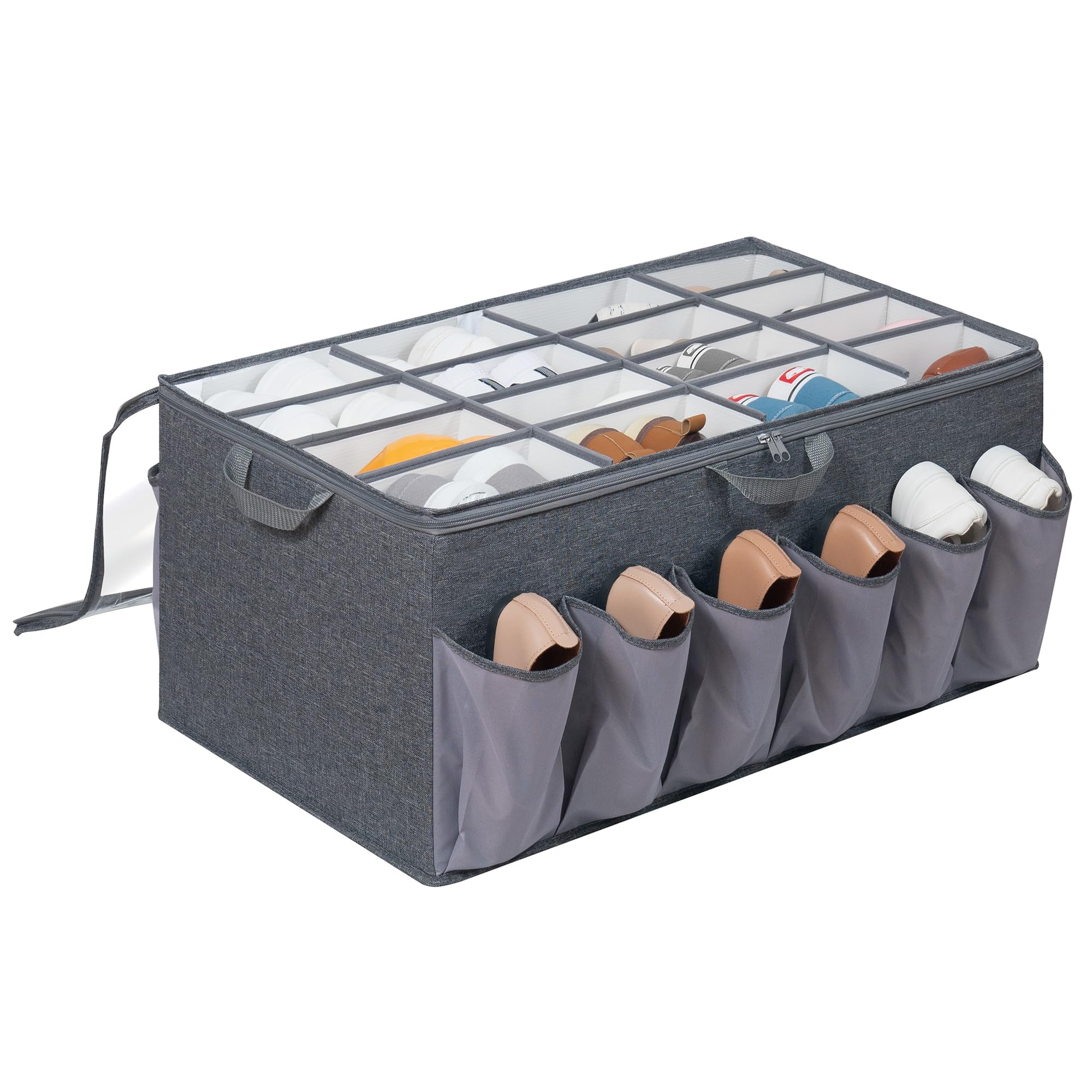 Clear View Fabric Shoe Organizer for Closet - Adjustable Shoe Storage Box with Dividers Holds 16+12 Pairs (Grey, 1-Pack) - Perfect for Bedroom, Entryway & Walk-in Closet Organization