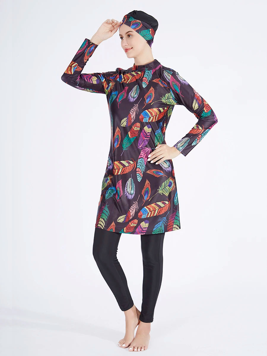 3PCS Women's Printed Hijab Long Sleeve Burkini Swimwear Set - Modest Swimwear for Muslim Women - Perfect for Beach, Pool & Water Sports