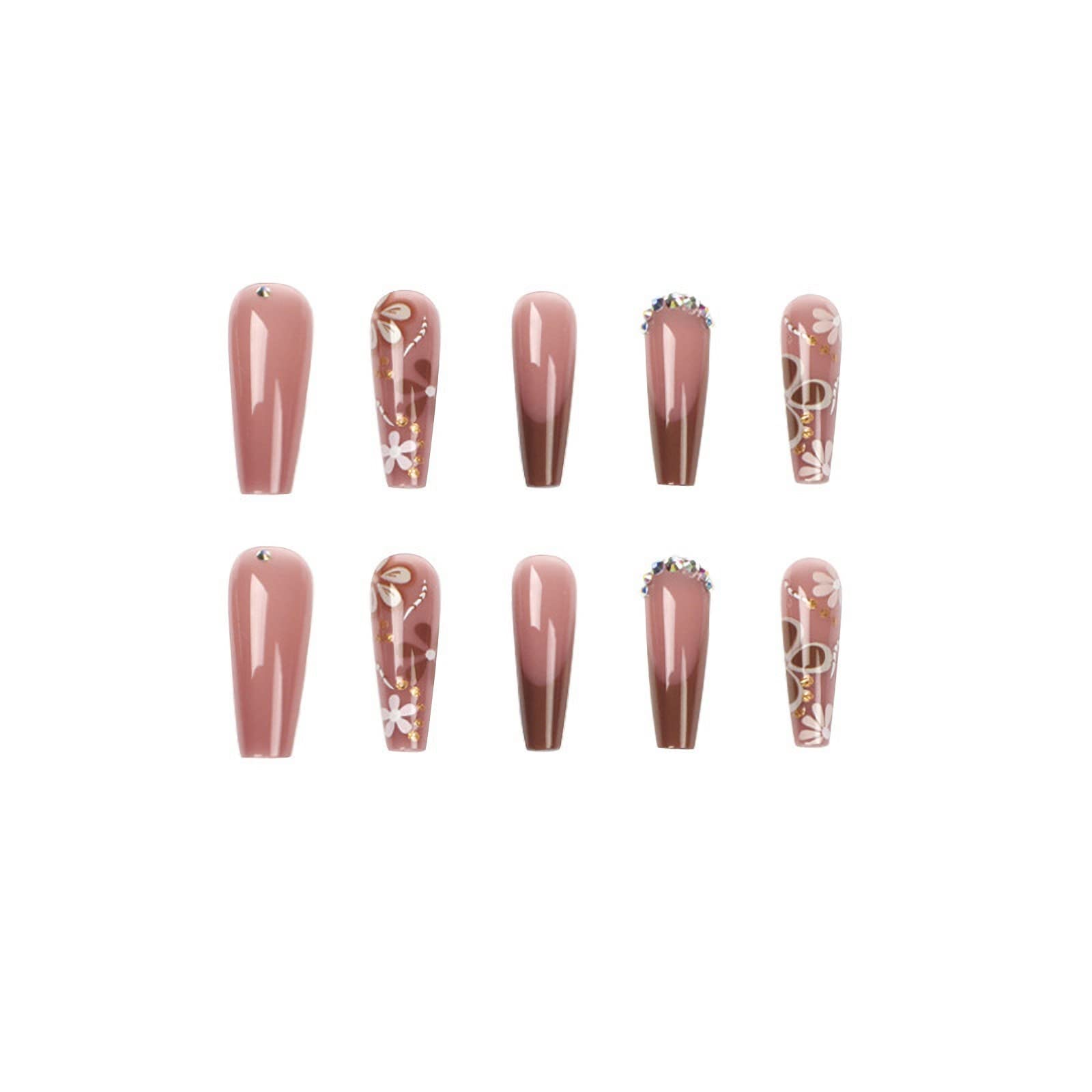 24pcs MISUD Long Press on Nails - Coffin Fake Nails with Rhinestone & Glitter, Acrylic Glossy Glue on Bling Artificial False Nails - Red Brown French Tip Flower Designs for Parties, Weddings & Special Occasions