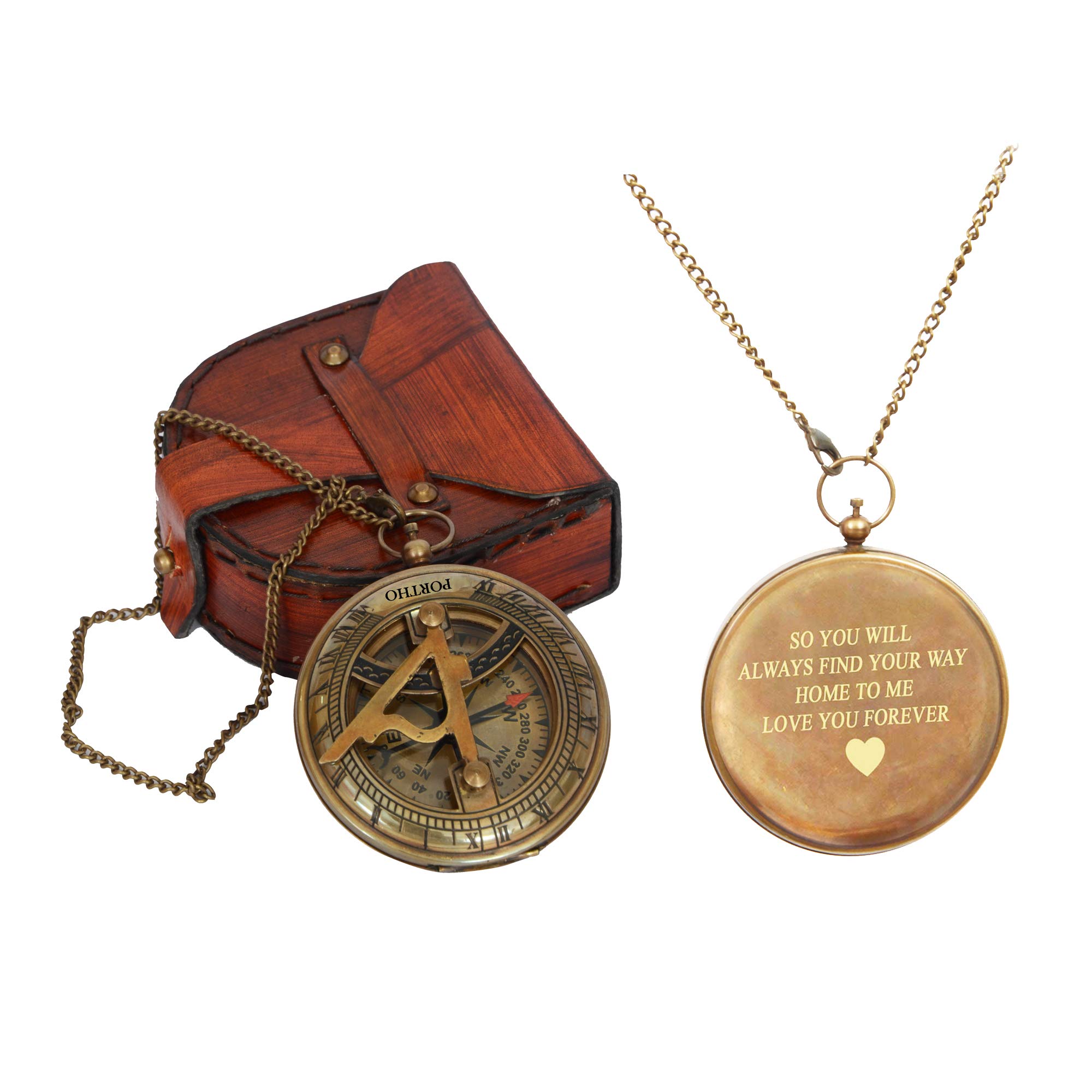 Engraved Sundial Compass with Leather Case - Perfect Traveler Gift, Inspirational Present for Adventurers - Unique Wedding, Baptism & Anniversary Gift for Him (Love You Forever) - Ideal for Outdoor Exploration, Hiking & Romantic Occasions