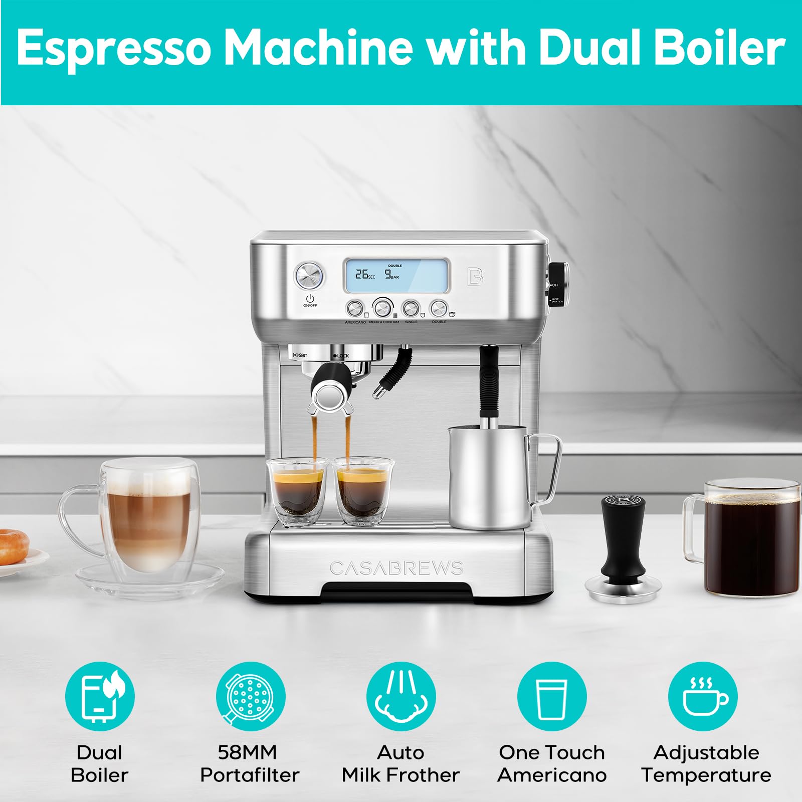 CASABREWS 20 Bar Professional Espresso Machine with Automatic Milk Frother & Dual Boiler System - LCD Display Cappuccino Latte Maker with Hot Water Function for Americano (Silver) - Perfect for Home Baristas & Coffee Enthusiasts