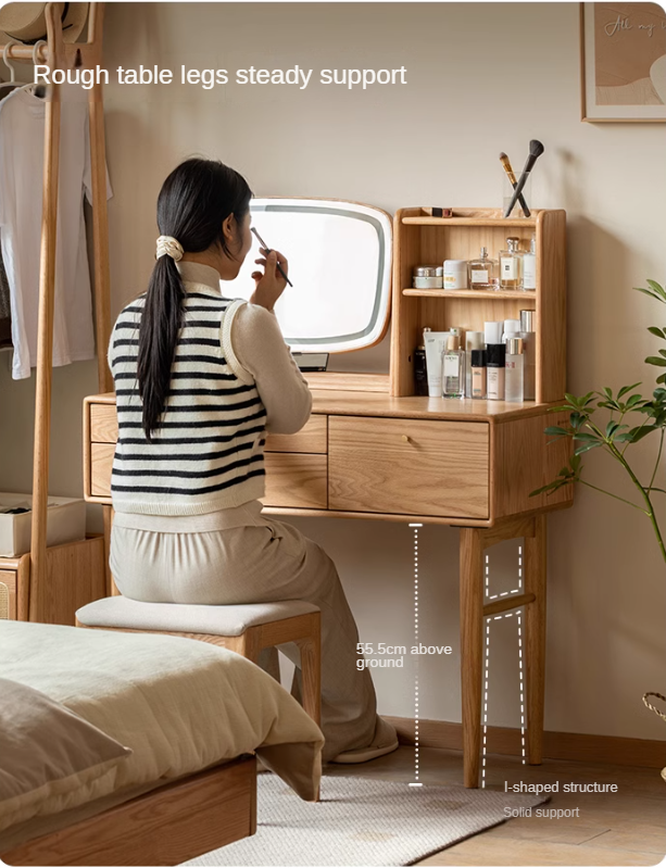Solid Oak & Ash Wood Dressing Table with LED Lighted Makeup Mirror - Perfect for Bedroom Vanity, Makeup Application & Home Decor