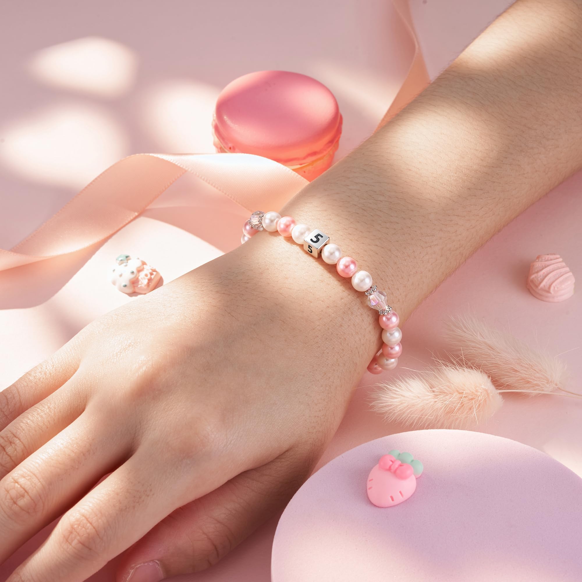 POWWA Adjustable Pink & White Pearl Bracelet for Girls - Perfect 1st to 8th Birthday Gift for Daughter, Niece, Granddaughter | Elegant Jewelry for Parties, School, Special Occasions