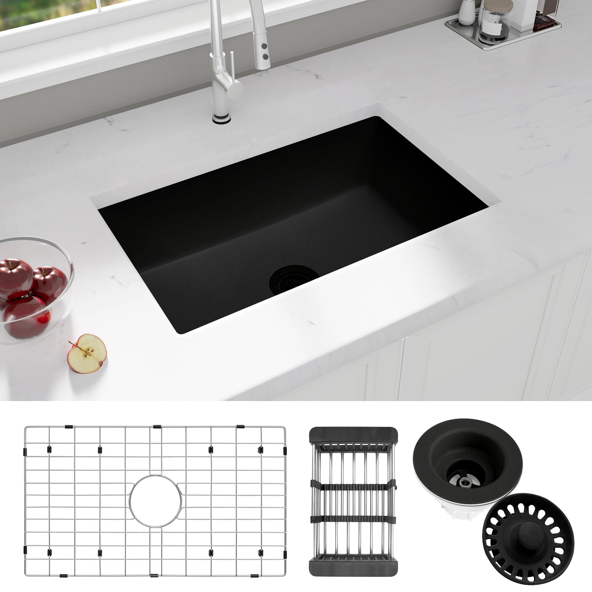 30 Inch Undermount Kitchen Sink - Matte Black Granite Composite Single Bowl with Accessories | Perfect for Modern Farmhouse & Contemporary Kitchen Designs