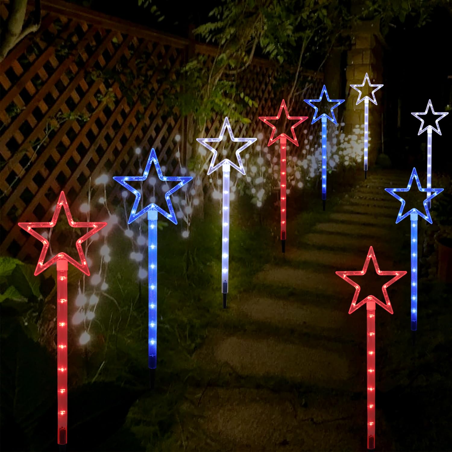 4th of July Solar Lights Outdoor Decorations - 6-Pack Red White Blue Big Star Patriotic Lights, Waterproof Memorial Day Garden & Yard Decor for Pathway, Lawn, Grave - Perfect for Independence Day, Veterans Day & Backyard BBQs