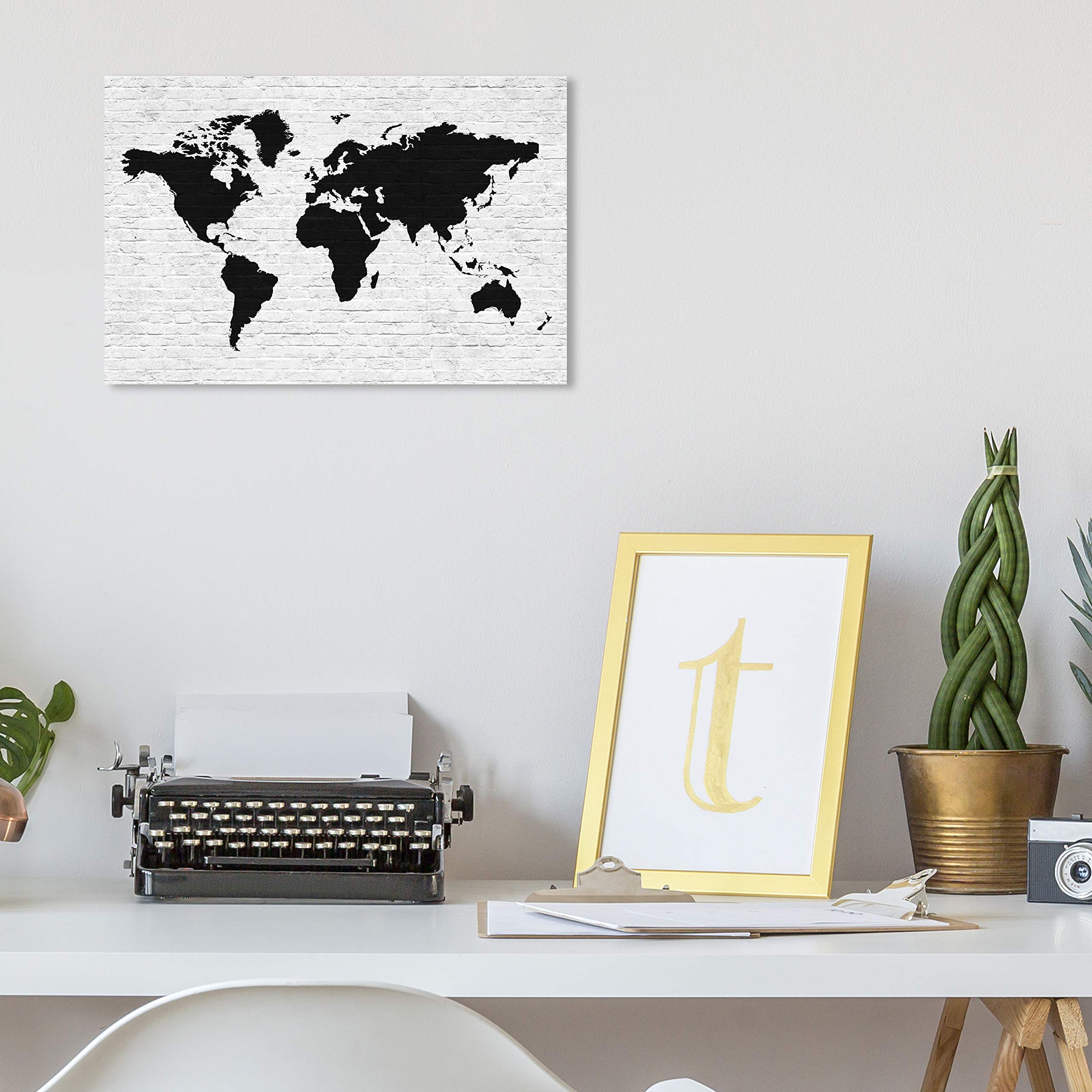 Oliver Gal Artist Co. World Map Wall Art Canvas Print - Clean Brick Mapamundi Home Decor - 15x10 Inches Black & White Framed Art - Perfect for Living Room, Office or Gift