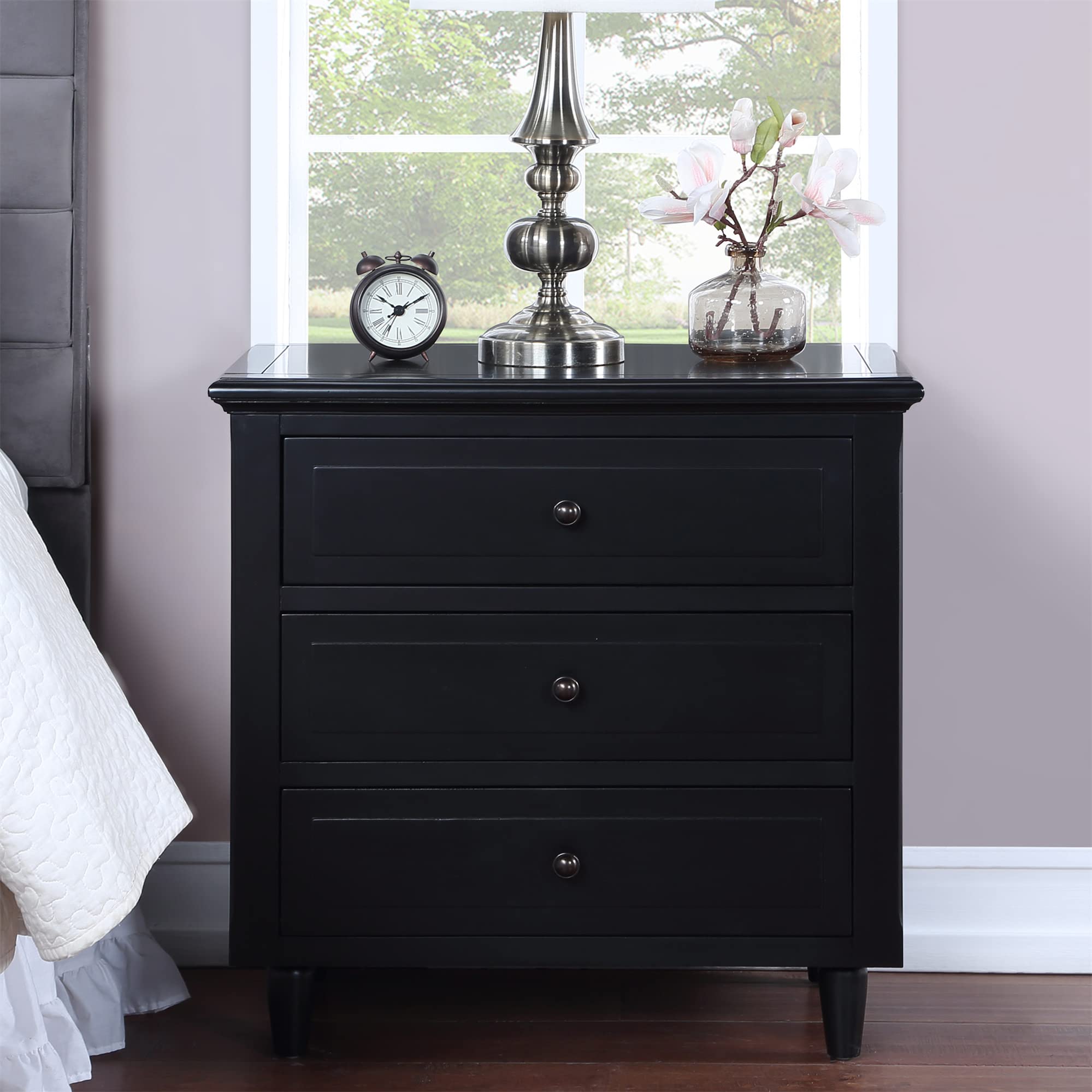 3-Drawer Solid Wood Nightstand - Modern Black Bedside Table for Bedroom & Living Room | Fully Assembled End Table for Home Decor & Storage