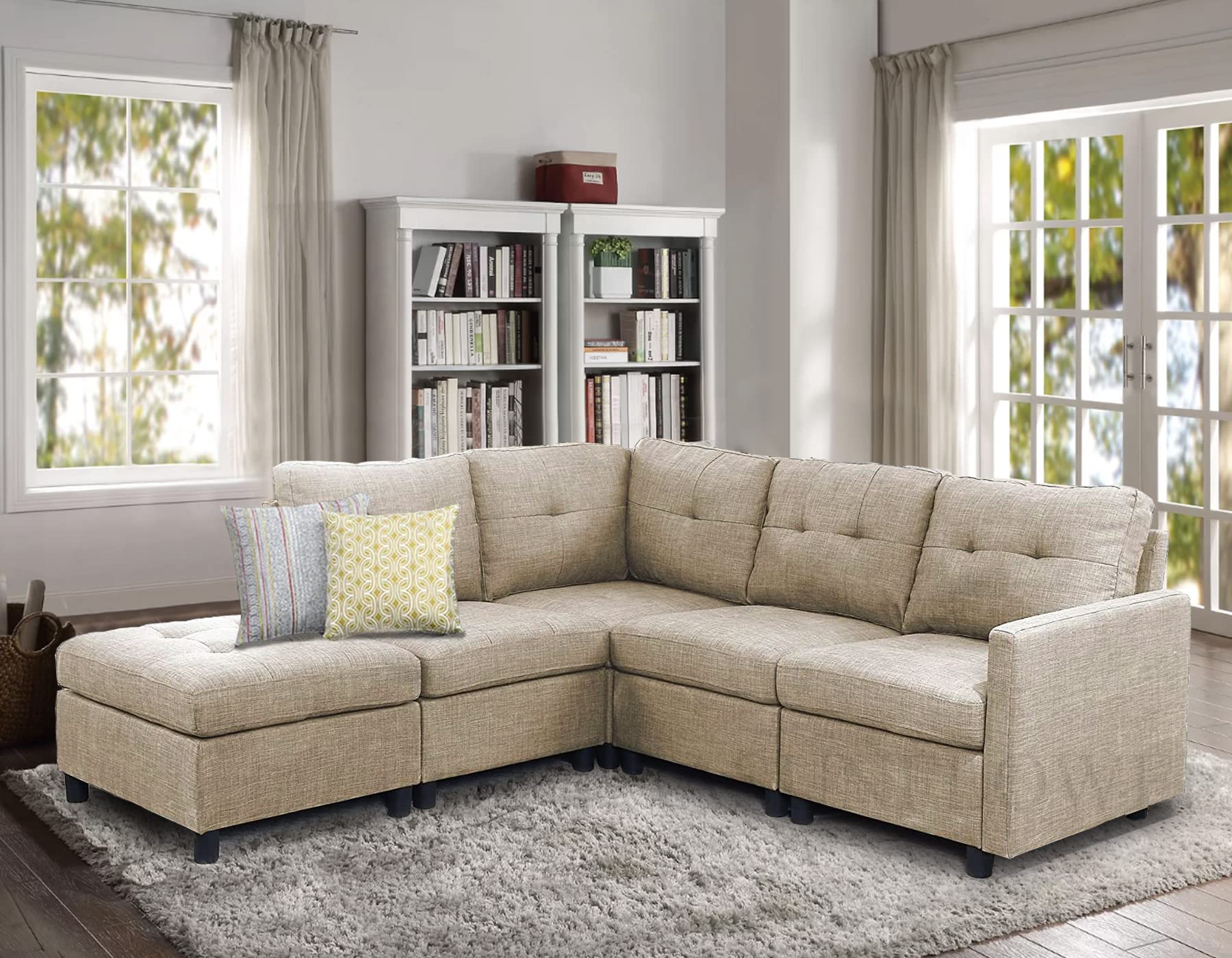 4-Seat Modular Sectional Sofa Set with Ottoman - L-Shaped Fabric Couch for Living Room, Basement & Apartment - Khaki Grey | Perfect for Family Gatherings & Movie Nights
