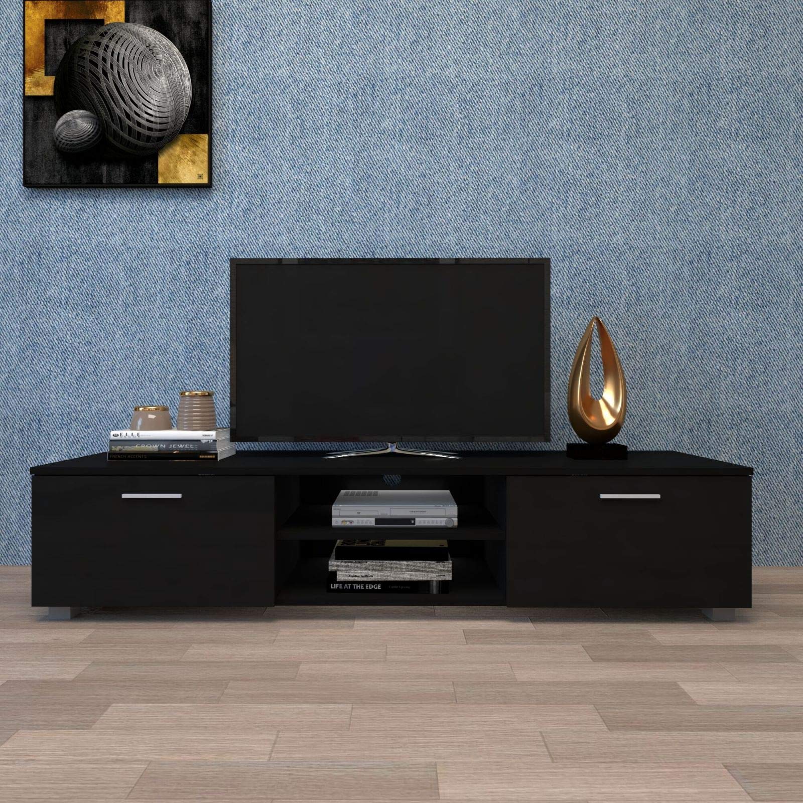 Mid Century Modern TV Stand for 70 Inch TVs - Black Wood Entertainment Center with 63x15.7x13.8 Inch Dimensions - Perfect for Living Room, Home Theater & Media Setup - Model ORW33115875ABDE6