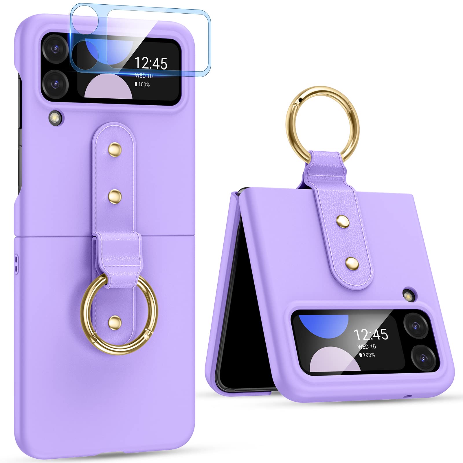 VEGO Ultra Slim Case for Samsung Galaxy Z Flip 4 5G (2022) with Metal Ring Holder & Camera Screen Protector - Matte PC Protective Phone Cover in Purple | Perfect for Women & Girls, Everyday Protection & Style