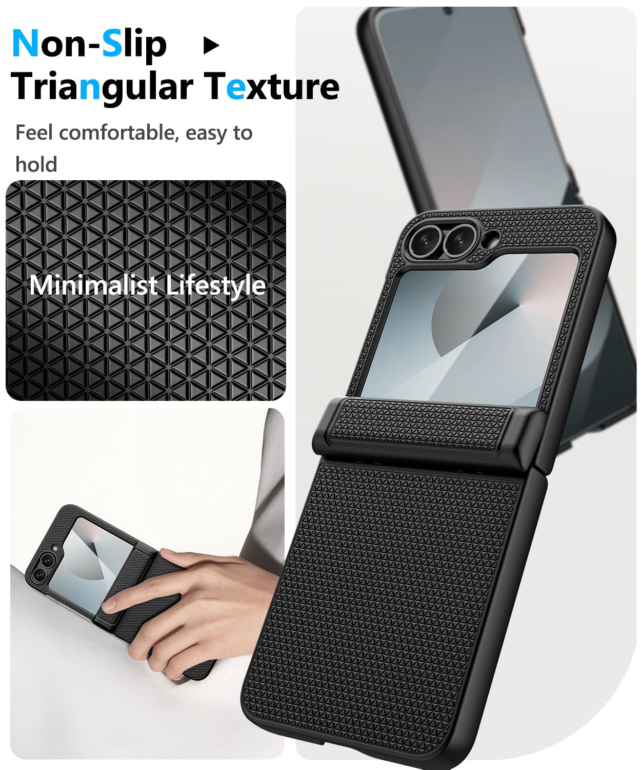 Vihibii Samsung Galaxy Z Flip 6 Case with Hinge Protection & Screen Protector - Slim Shockproof Rugged Cover | Non-Slip Stylish Texture | Perfect for Outdoor Activities, Travel & Daily Protection (2024 Model, Black)
