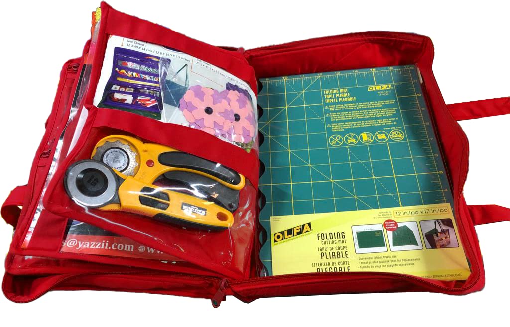 Yazzii Quilter’s Project Bag with 19 Pockets - Large Craft Storage Organizer for Sewing, Knitting & Quilting Supplies - Durable Fabric Carrier with Multiple Compartments - Perfect for Travel, Workshops & Home Organization (Red)