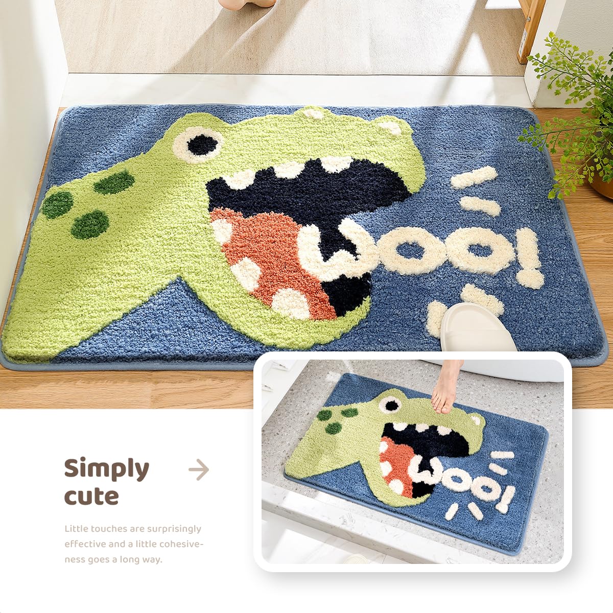Dinosaur Bath Mat - Super Absorbent Microfiber Shaggy Bathroom Rug, Non-Slip Soft Shower Mat, Machine Washable (16x24 Inches) for Kids' Bathroom & Nursery Decor