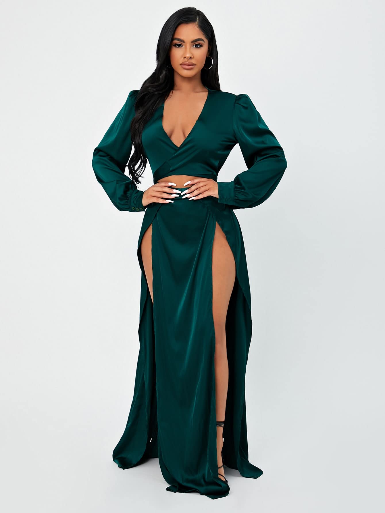 **IFAJOR Women's Summer Satin Dress - Plunging Neckline, Bishop Sleeves, Thigh Slit - Dark Green Medium | Casual & Party Wear for Beach, Date Night, and Evening Out**
