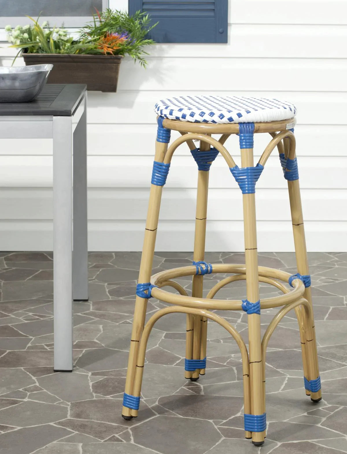 Blue and White Indoor Outdoor Bistro Bar Stool - Patio, Kitchen & Dining Room Counter Height Stool for Home & Commercial Use