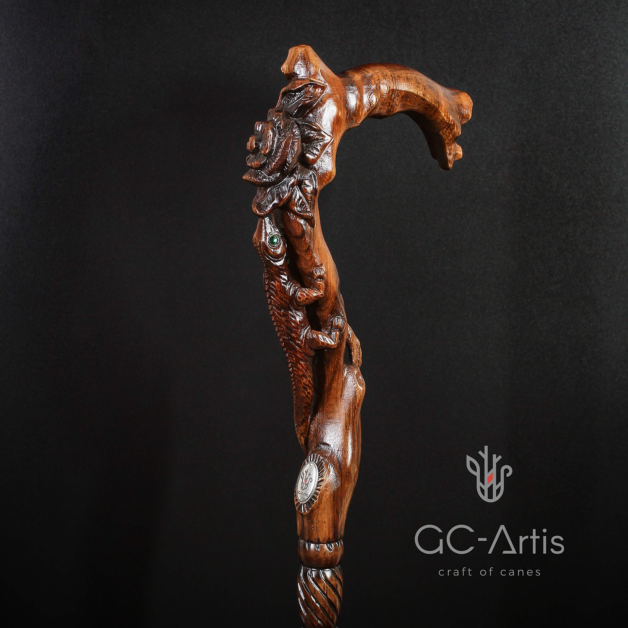 Hand Carved Wooden Walking Cane for Women - Elegant Floral & Lizard Design - Perfect for Hiking, Fashion Accessory, and Elderly Support