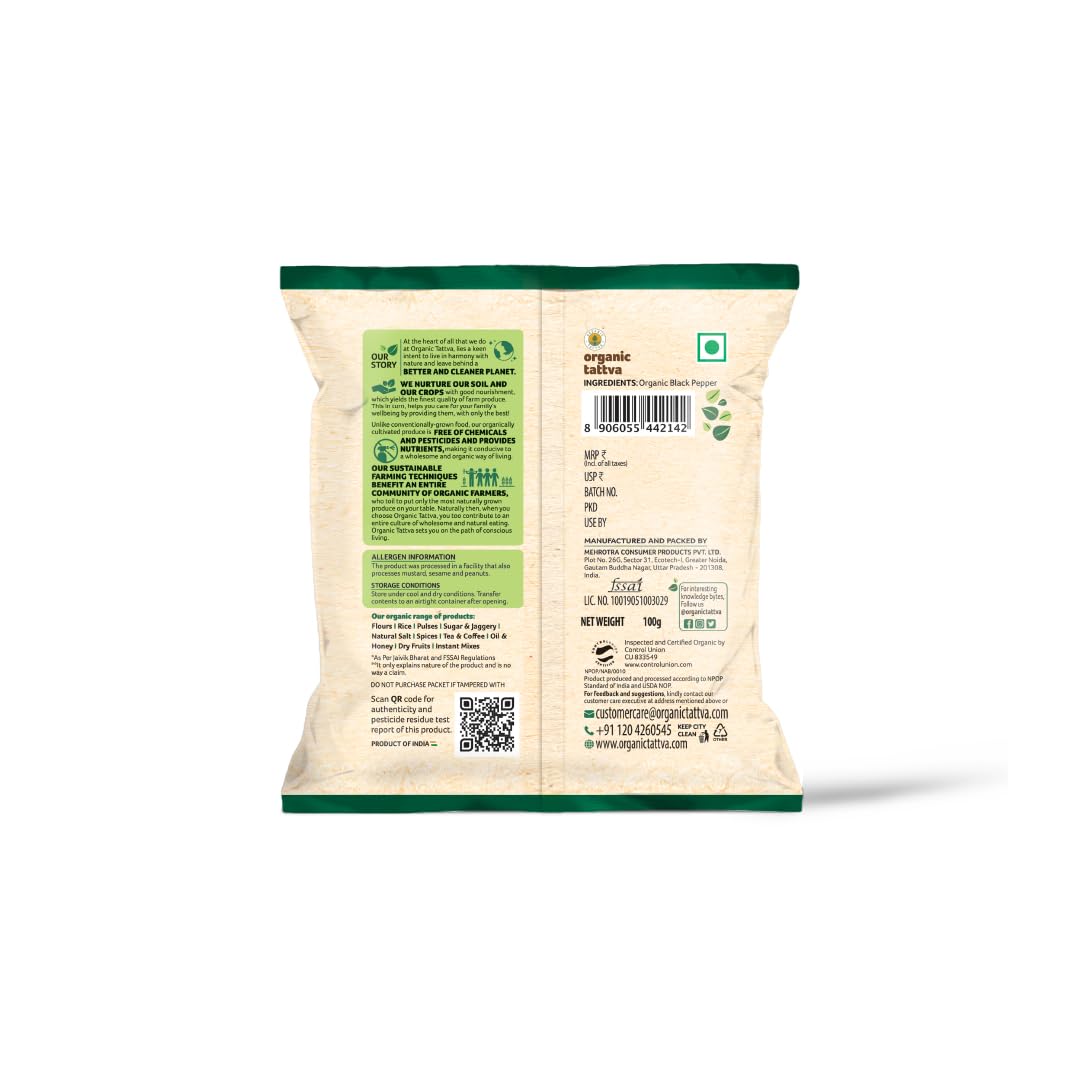 Organic Tattva Gluten-Free Black Pepper (Kali Mirch) - 100g | Farm-Fresh, Naturally Processed, No Artificial Additives | Perfect for Cooking, Seasoning & Healthy Recipes
