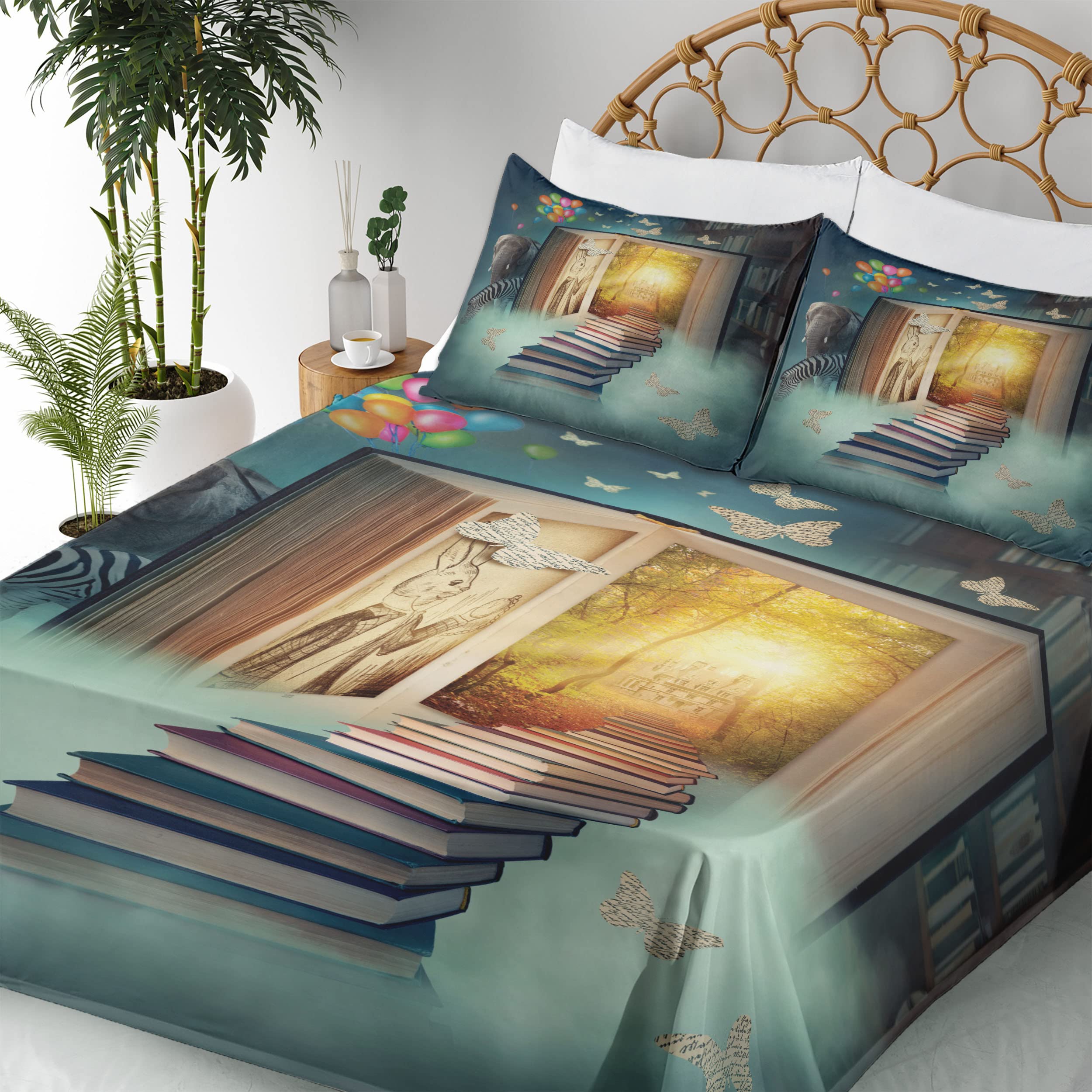 Ambesonne Fantasy Bedding Set 4-Piece - Magic Book Forest Balloon Zebra Animal Butterflies Design, King Size Fitted & Flat Sheet with Pillowcases, Teal & Yellow - Perfect for Kids' Rooms, Fantasy Themed Bedrooms & Unique Home Decor